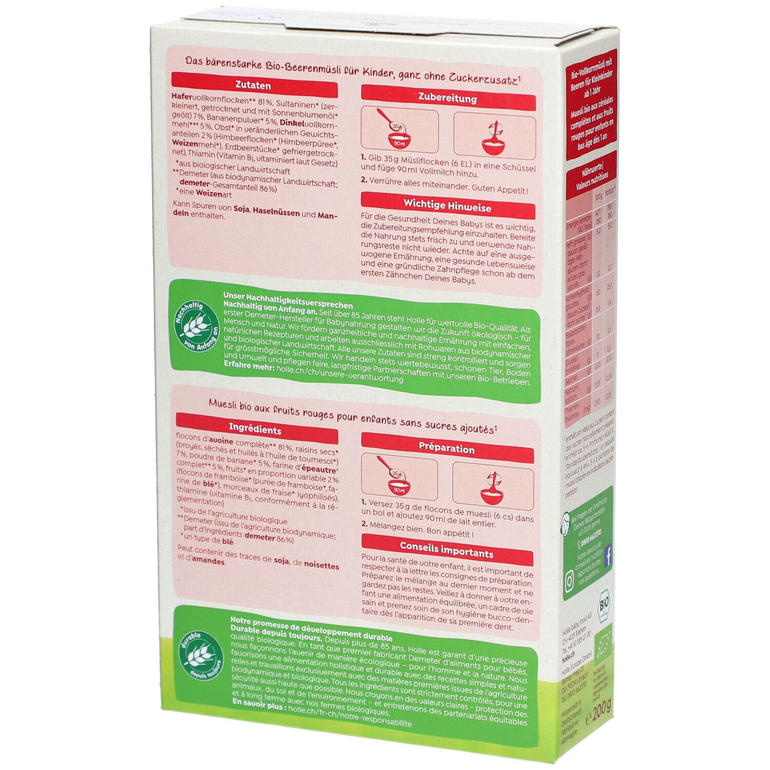 Holle Bio-Muesli, Verpackung mit Zutaten, Zubereitungshinweisen, Demeter-Siegel, 200g, Bio-Muesli für Kinder.