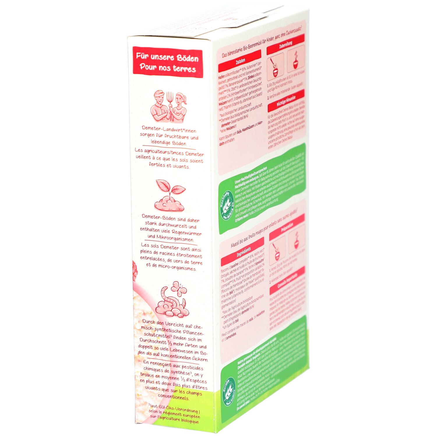 Holle Bio-Muesli, Verpackung mit Text, Demeter-Siegel, 200g, Bio-Muesli für Kinder, Informationen zur Landwirtschaft.