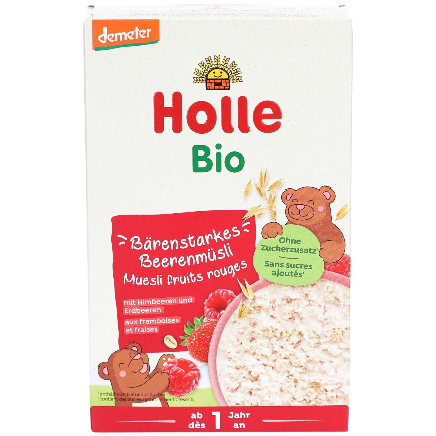 Holle Bio-Muesli, Beerenmüsli, Verpackung mit Produktabbildung, Demeter-Siegel, ohne Zuckerzusatz, ab 1 Jahr.