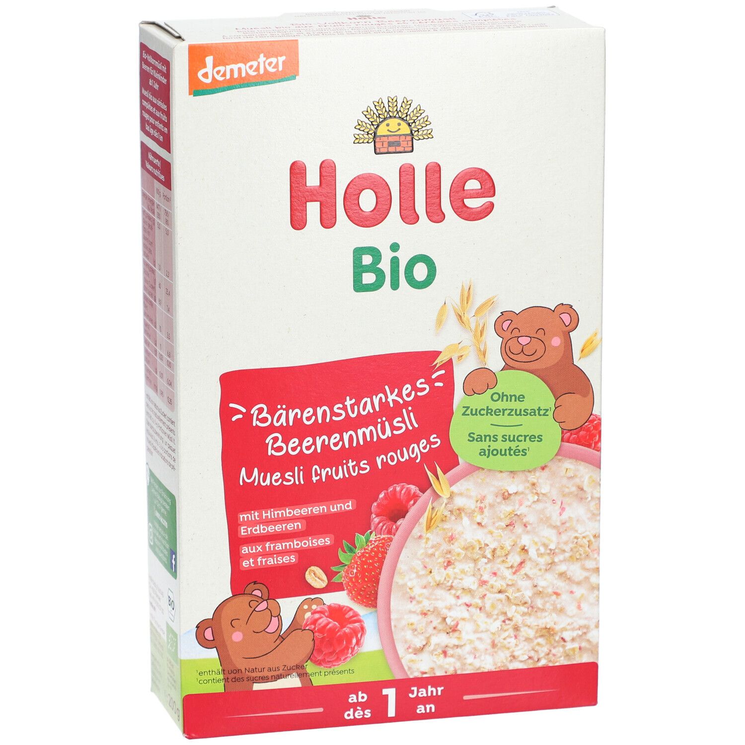 Holle Bio-Muesli, Beerenmüsli, Verpackung mit Produktabbildung, Demeter-Siegel, ohne Zuckerzusatz, ab 1 Jahr.