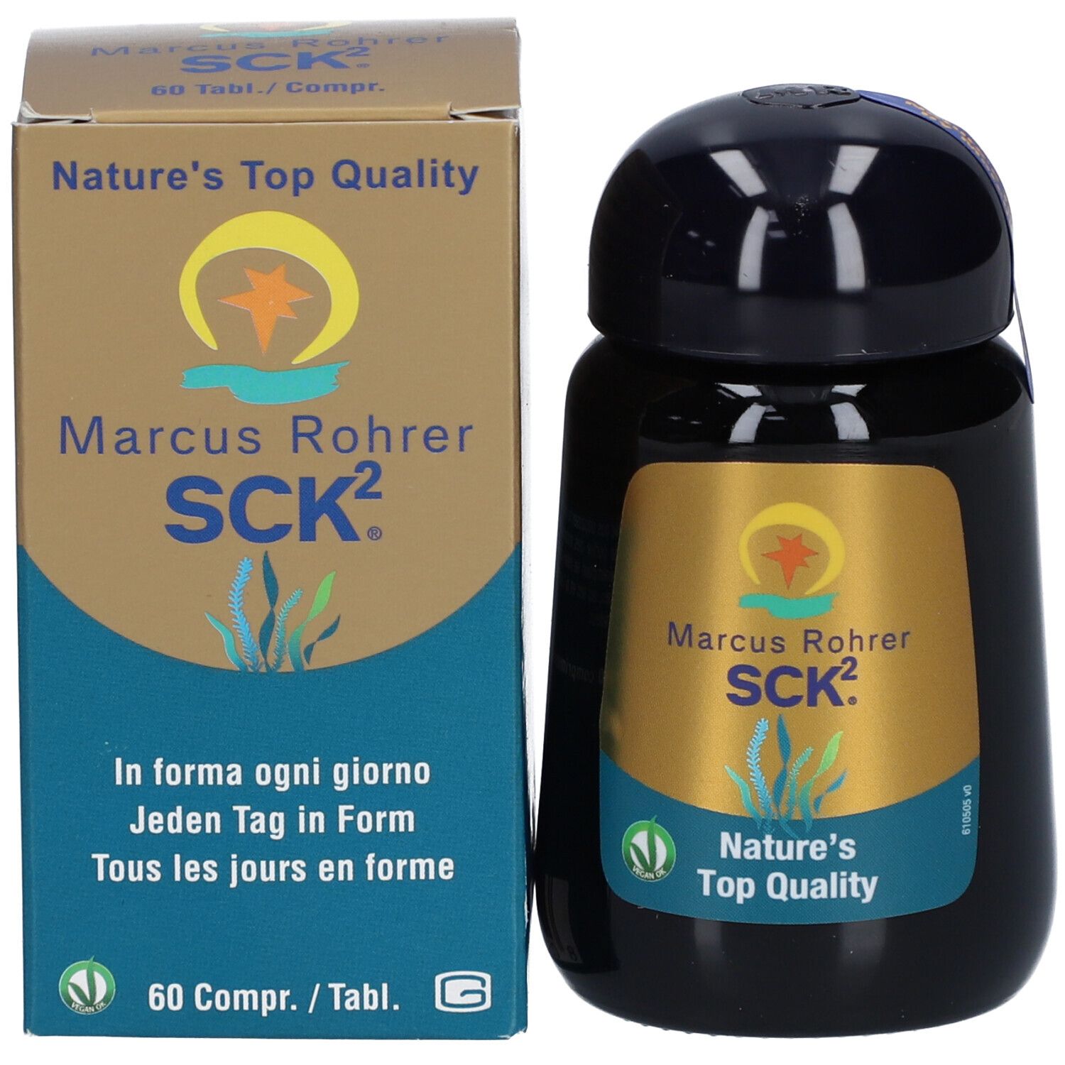 Produktverpackung und Flasche. Aufschrift: Marcus Rohrer SCK². 60 Tabletten. Siegel: Nature's Top Quality.