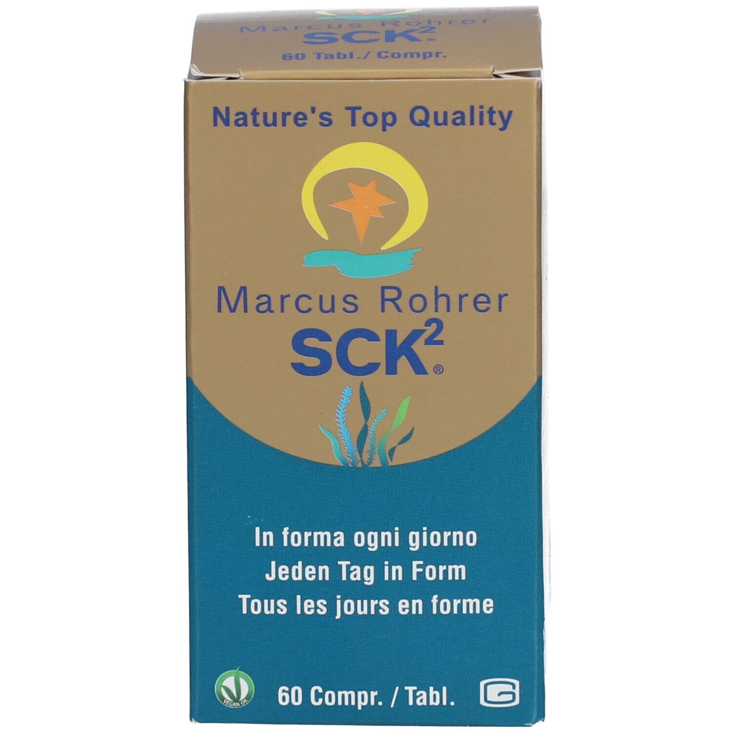 Produktverpackung. Aufschrift: Marcus Rohrer SCK². 60 Tabletten. Siegel: Nature's Top Quality.
