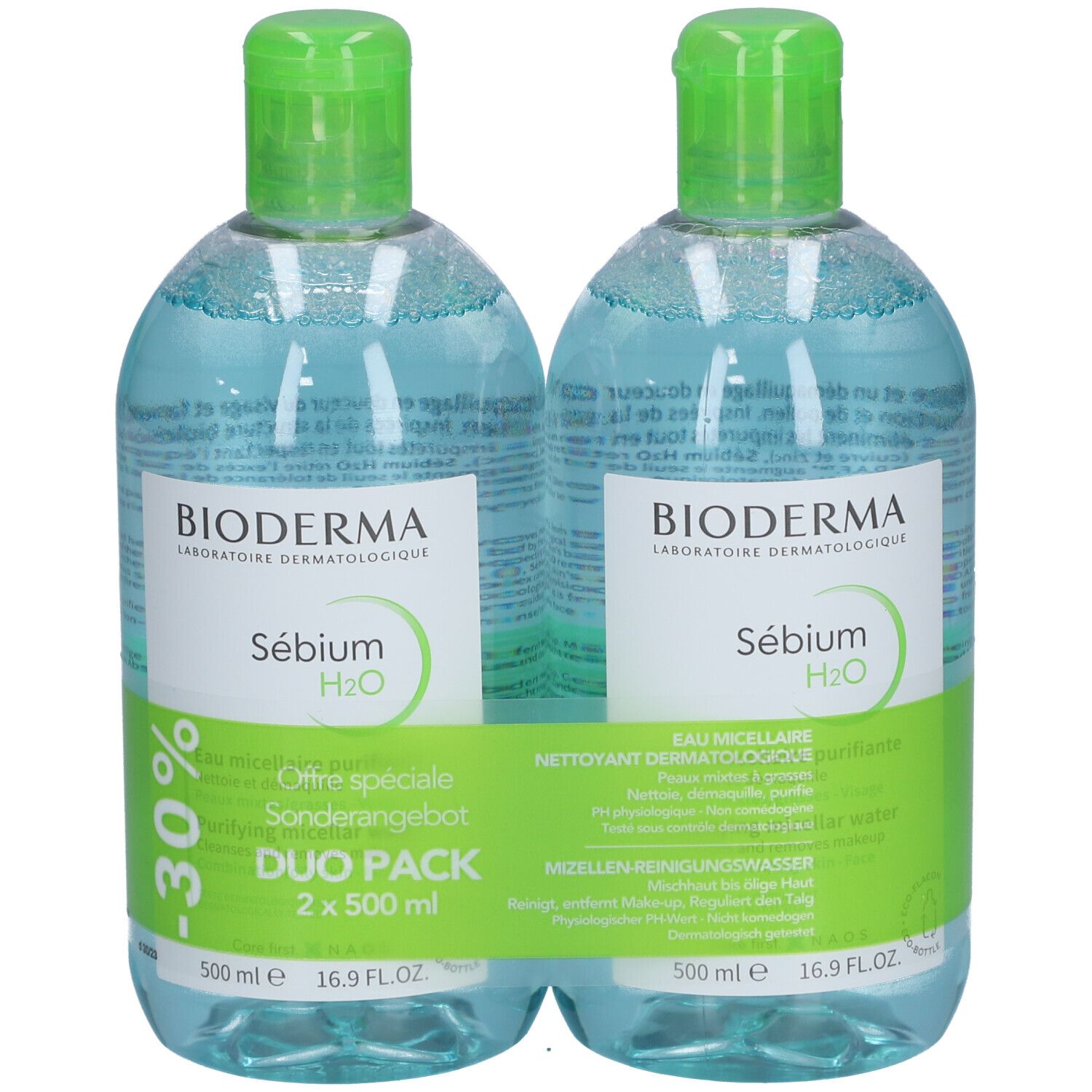 Duo-Pack mit zwei Flaschen. BIODERMA Sébium H2O. Grüne Deckel, blaue Flüssigkeit. Sonderangebot -30%.