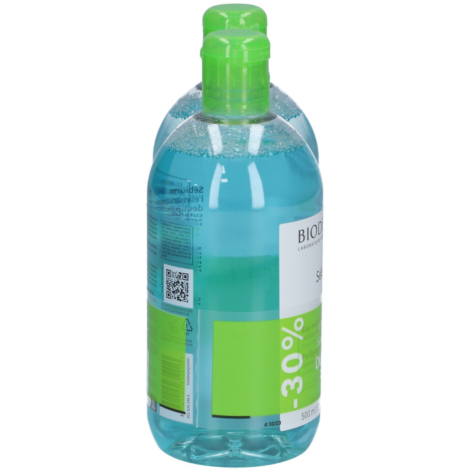 Zwei Flaschen BIODERMA Sébium H2O. Grüne Deckel, blaue Flüssigkeit. Aufkleber mit Text und QR-Code.