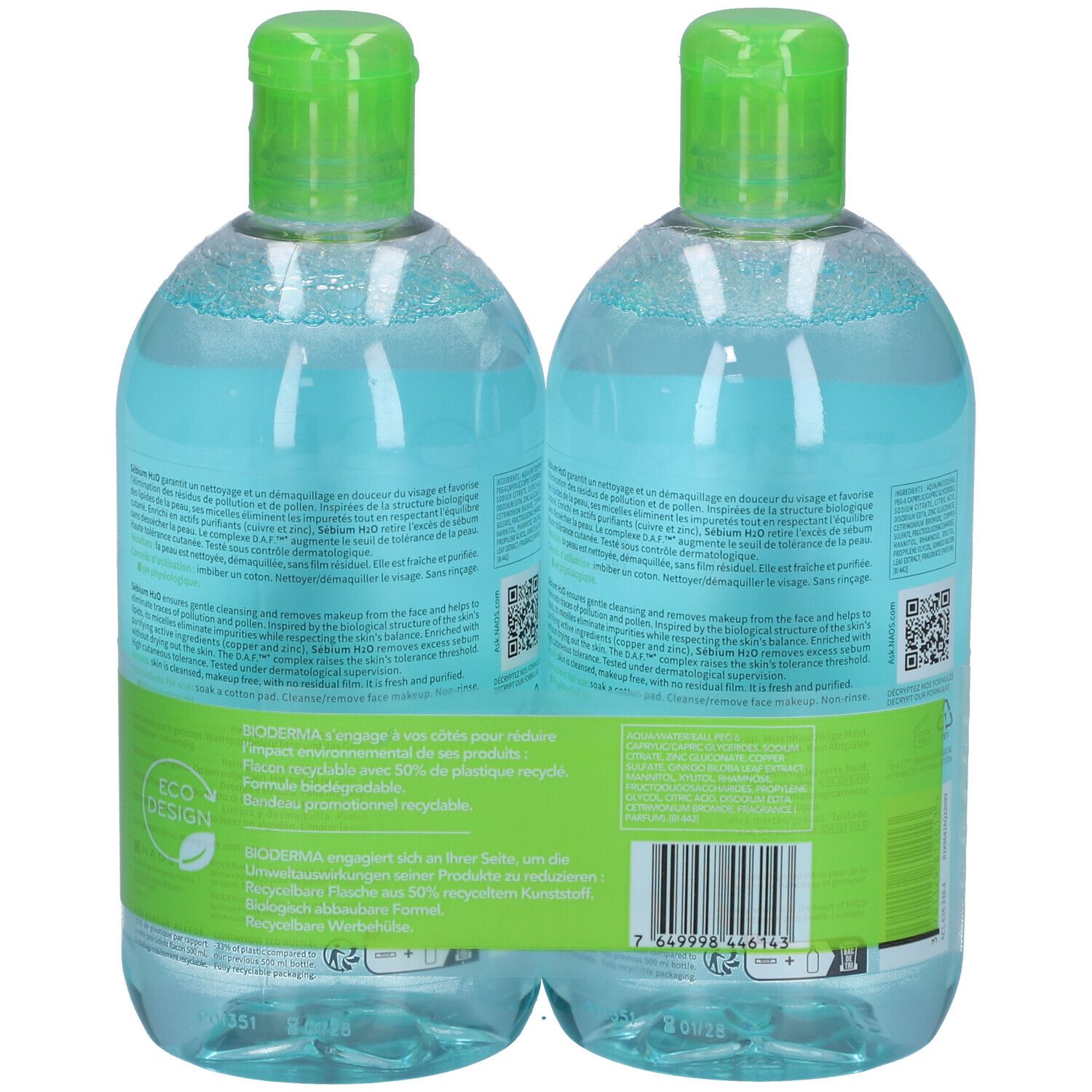 Rückseite von zwei Flaschen BIODERMA Sébium H2O. Grüne Deckel. Text auf Etiketten. Eco-Design-Logo.