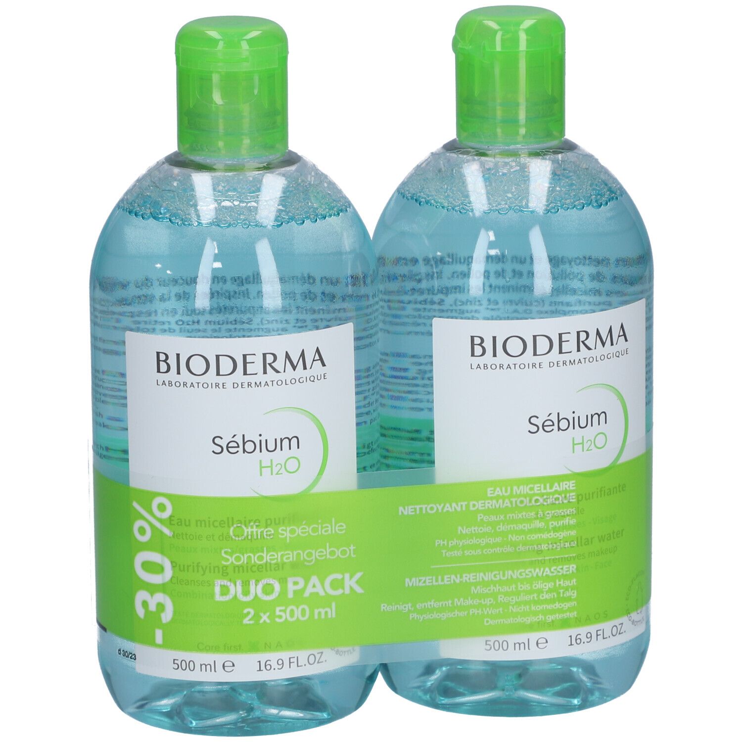 Duo-Pack mit zwei Flaschen. BIODERMA Sébium H2O. Grüne Deckel, blaue Flüssigkeit. Sonderangebot -30%.