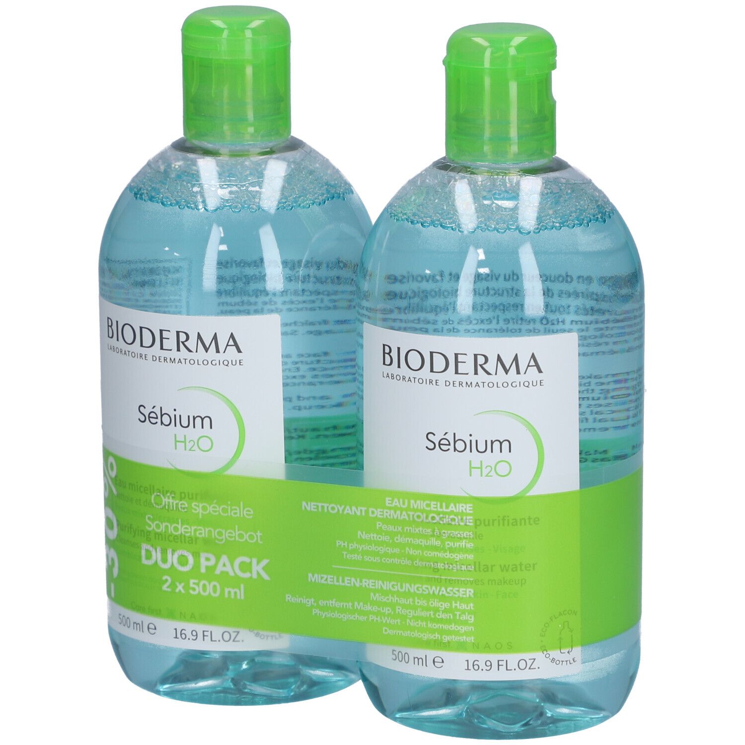 Zwei Flaschen BIODERMA Sébium H2O. Grüne Deckel, blaue Flüssigkeit. Duo Pack. Text auf Etiketten.