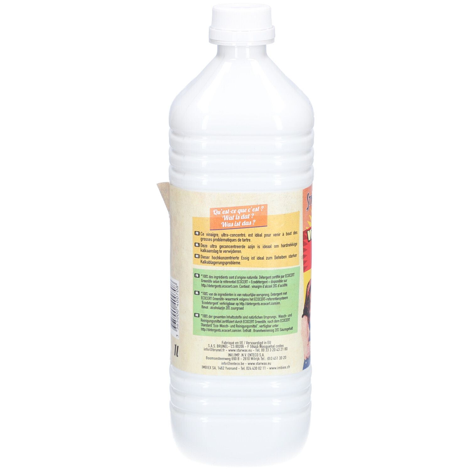 Rückseite einer weißen Flasche. Text in mehreren Sprachen. Aufkleber mit Informationen und Warnhinweisen.