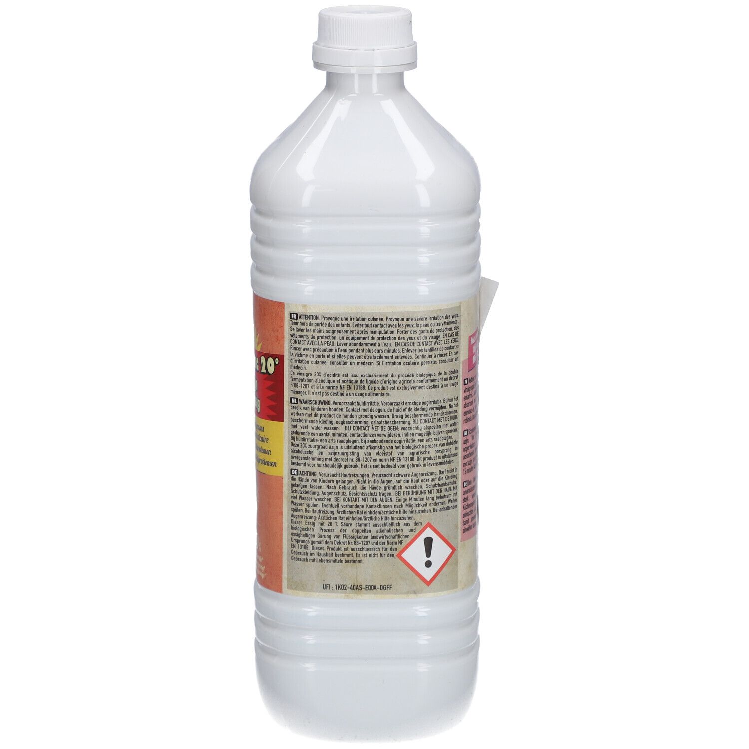 Rückseite einer weißen Flasche. Text in mehreren Sprachen. Aufkleber mit Informationen und Warnhinweisen.