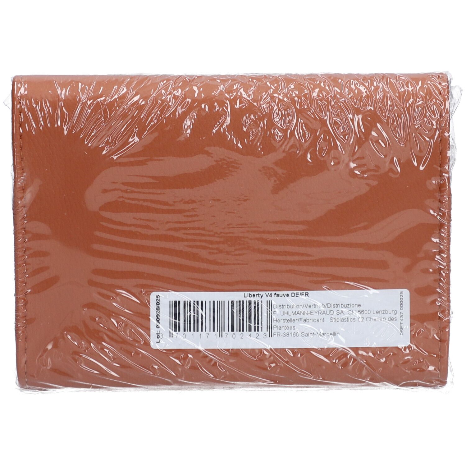 Braune Pillenbox, verpackt in Folie. Aufkleber mit Barcode und Text auf der Rückseite.