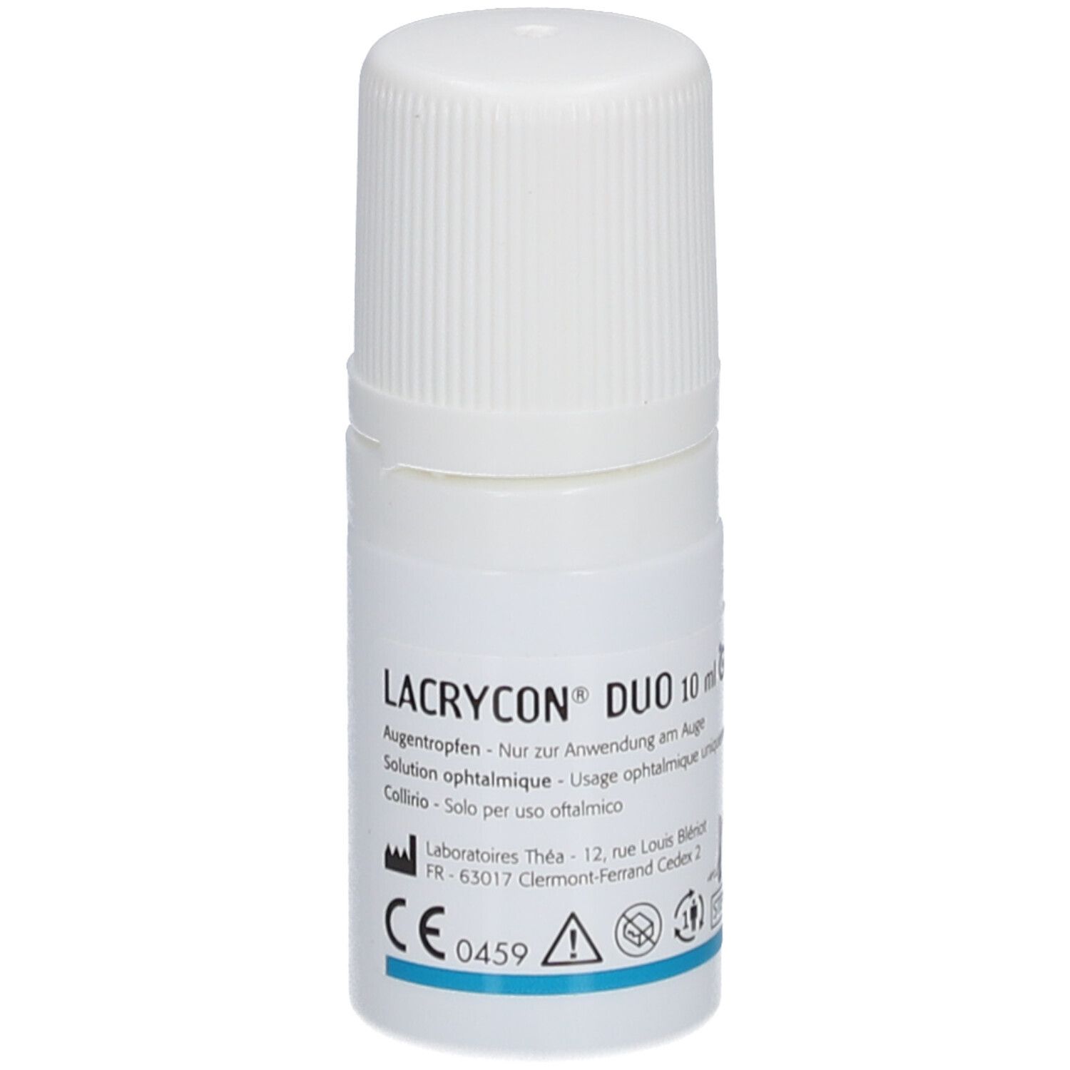 Weiße Flasche mit Schraubverschluss. Aufschrift LACRYCON DUO, Augentropfen. CE-Kennzeichnung.