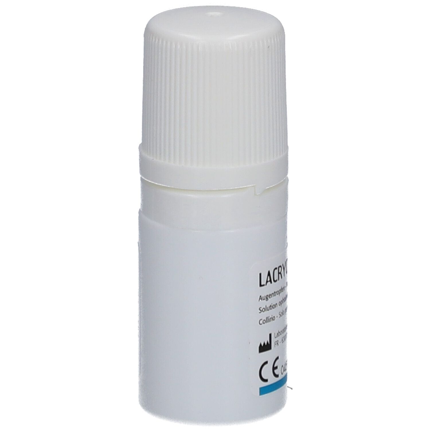 Weiße Flasche mit Schraubverschluss. Aufschrift LACRYCON DUO, Augentropfen. CE-Kennzeichnung.