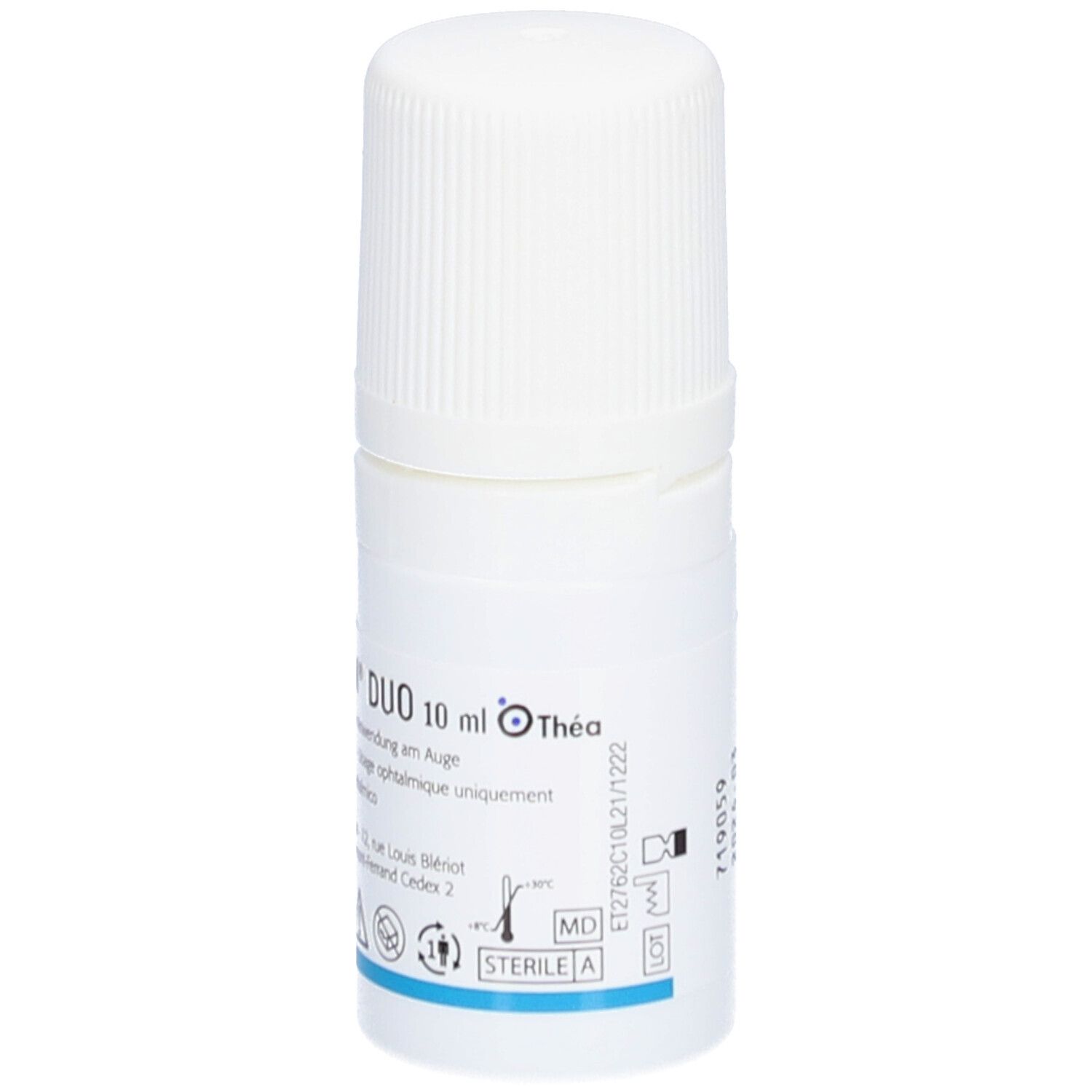 Weiße Flasche mit Schraubverschluss. Aufschrift LACRYCON DUO 10 ml, Augentropfen. Thea-Logo.