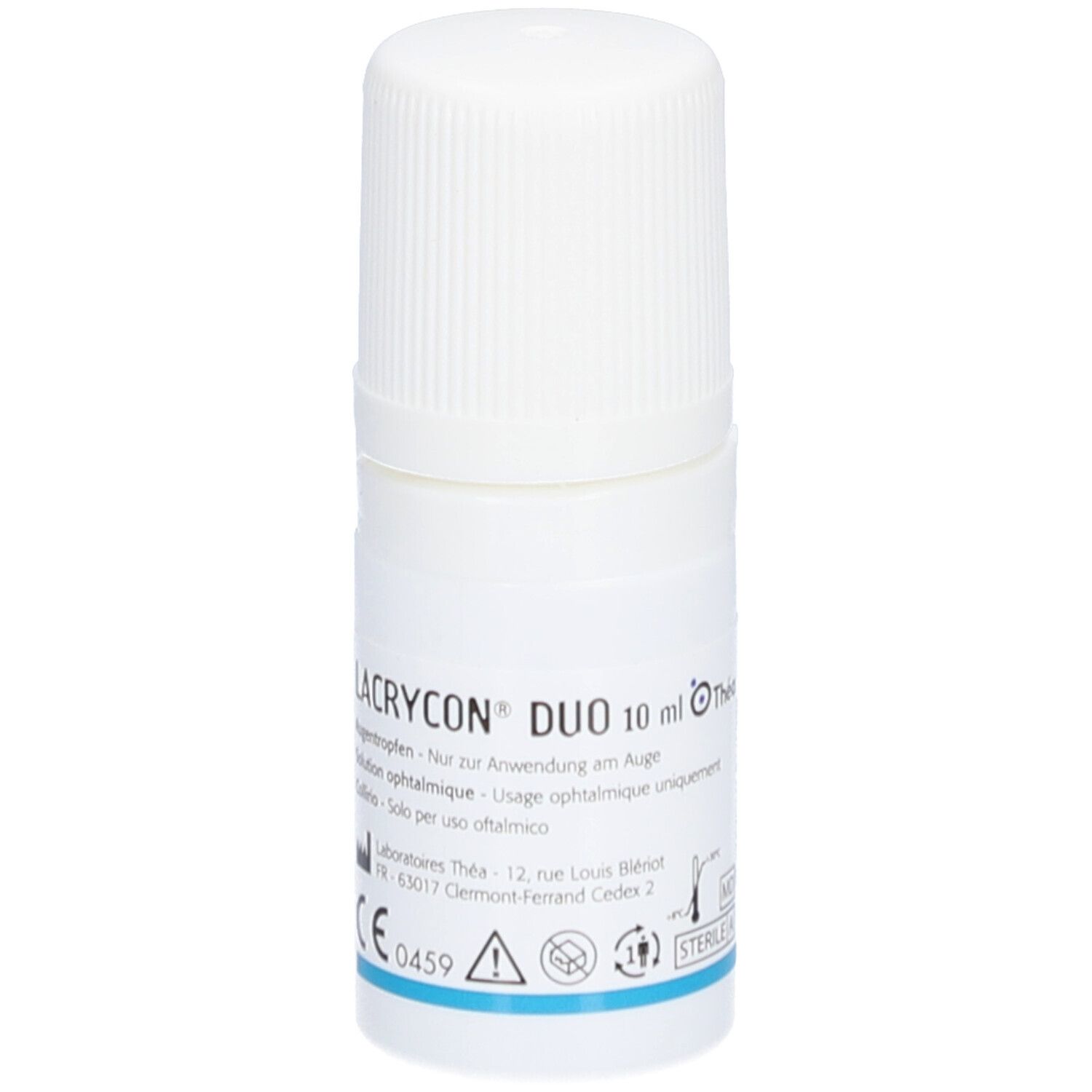 Weiße Flasche mit Schraubverschluss. Aufschrift LACRYCON DUO 10 ml, Augentropfen. Thea-Logo.