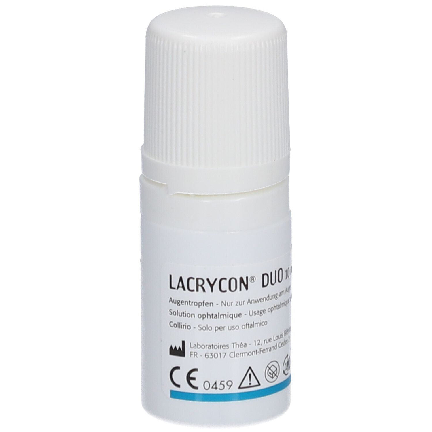 Weiße Flasche mit Schraubverschluss. Aufschrift LACRYCON DUO, Augentropfen. CE-Kennzeichnung.