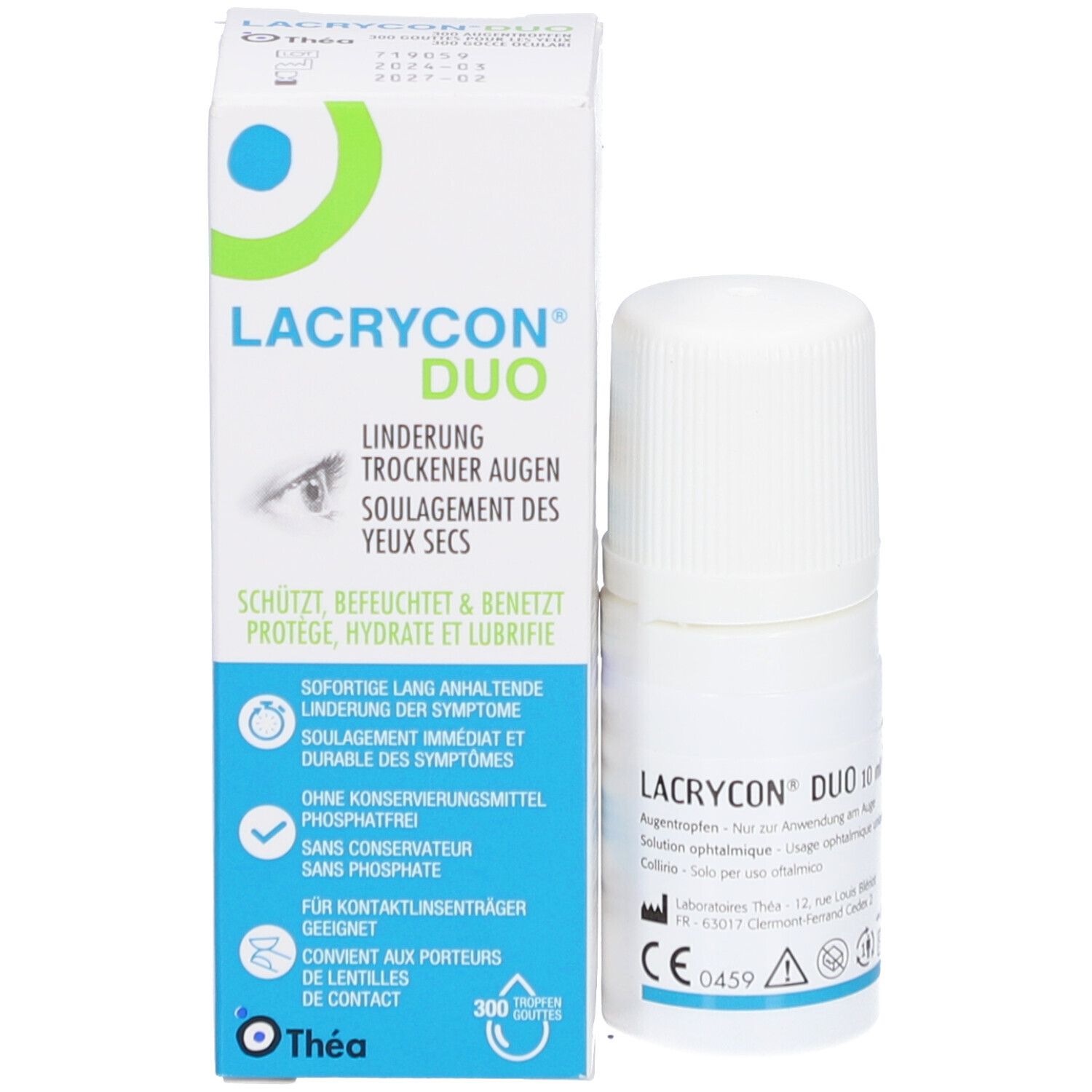Produktverpackung mit Flasche. Aufschrift LACRYCON DUO. Box mit Augenabbildung und Produktinformationen.