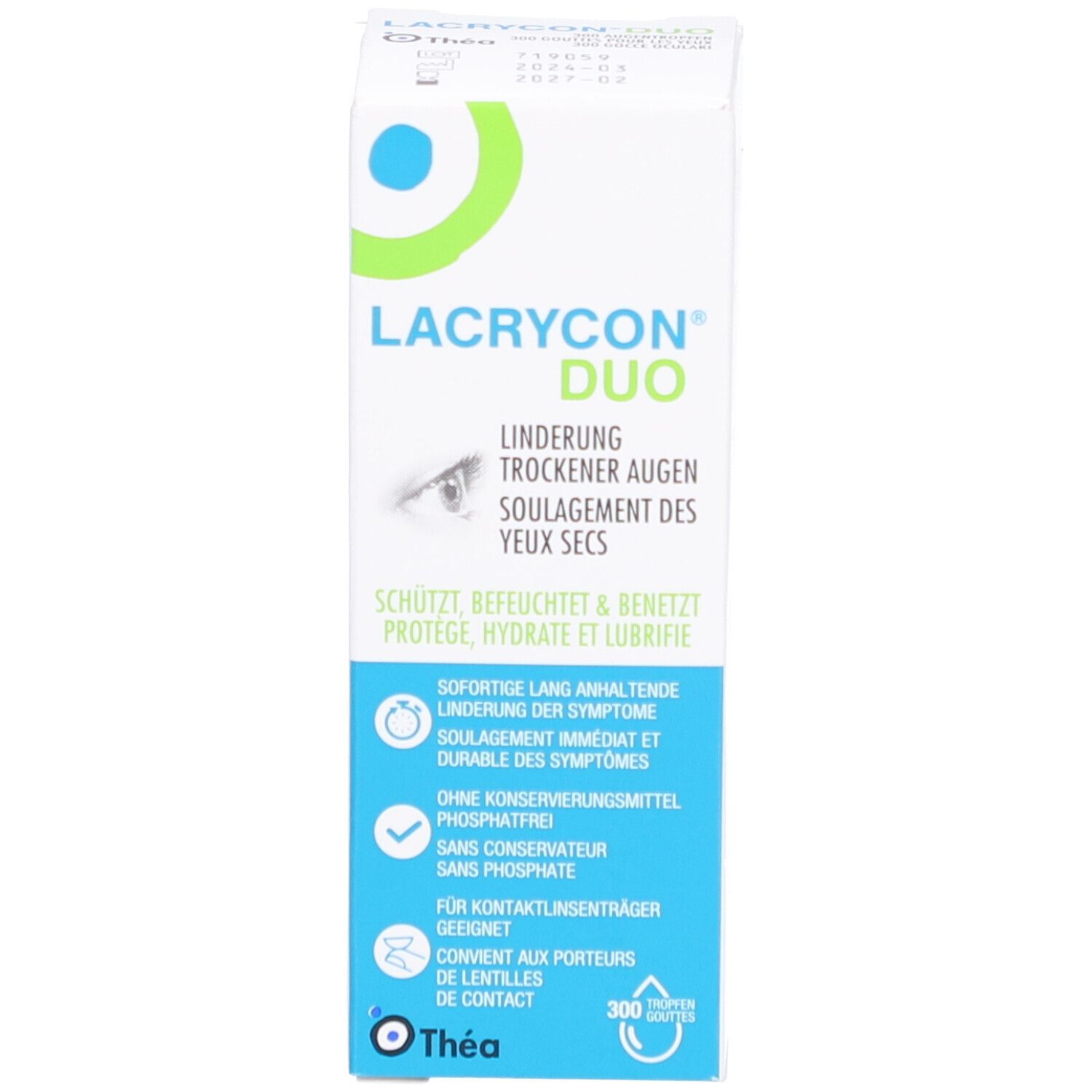 Produktverpackung. Aufschrift LACRYCON DUO. Box mit Augenabbildung und Produktinformationen.