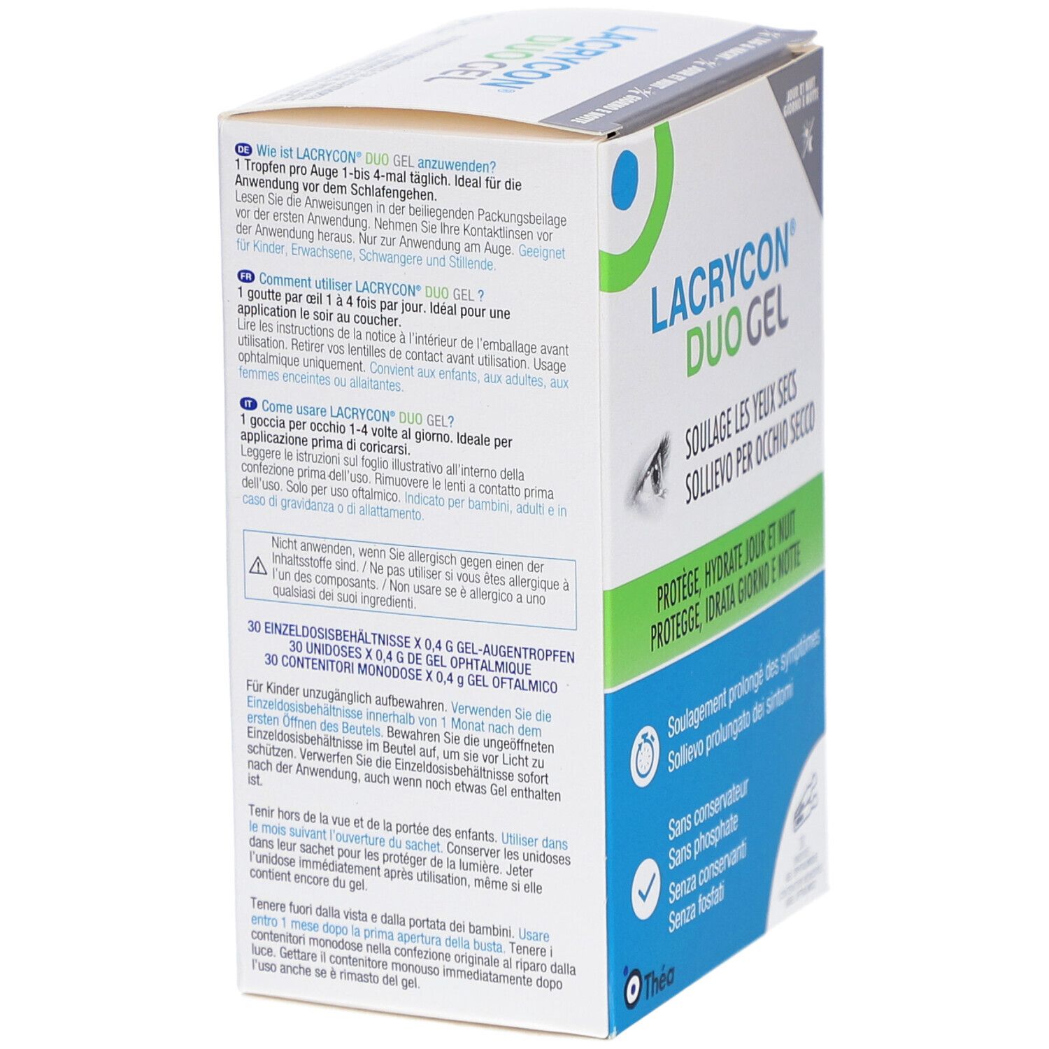 Dos de la boîte de LACRYCON DUO Gel. Texte en allemand, italien et français. Contient des informations sur l'utilisation et les ingrédients.