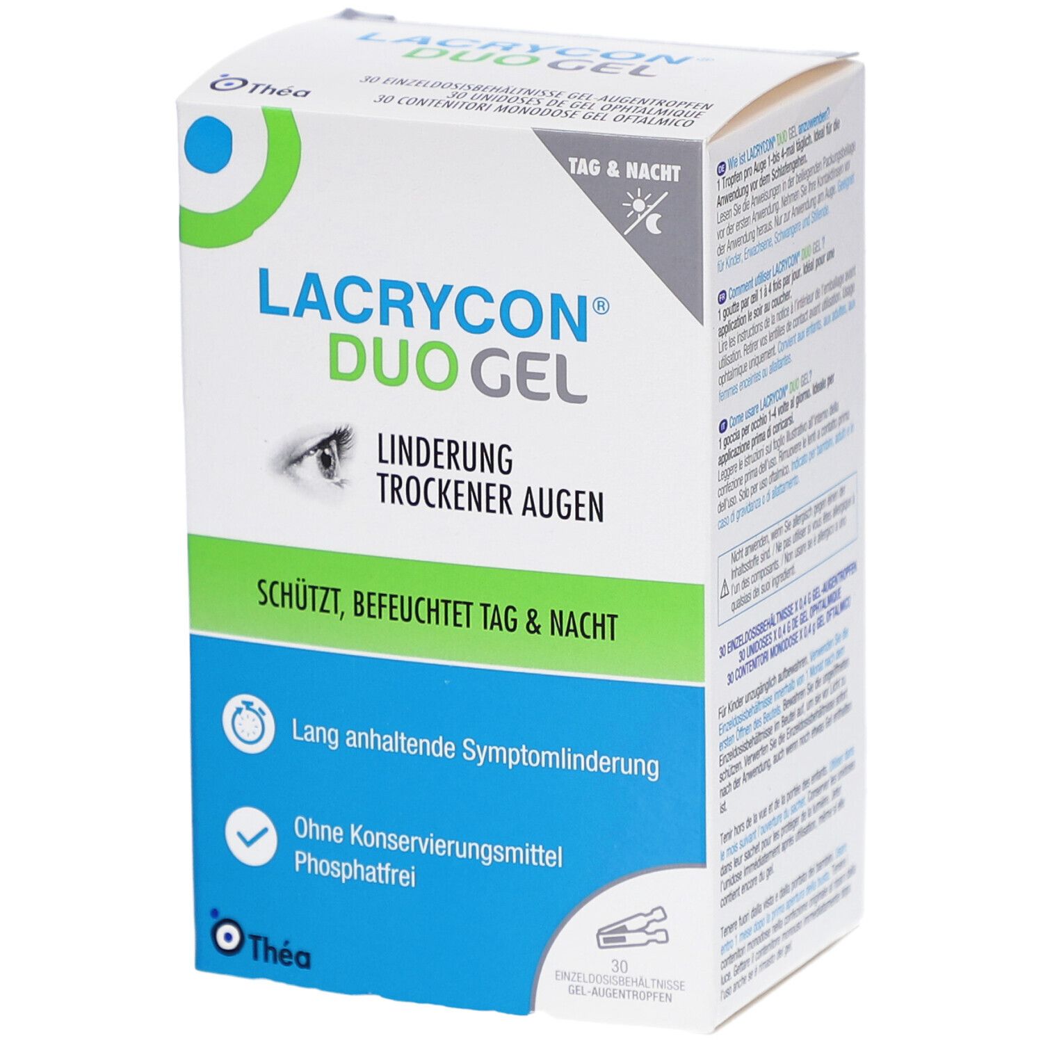 Face avant de la boîte de LACRYCON DUO Gel. Nom du produit, illustration d'un œil et texte en allemand. Contient 30 doses.