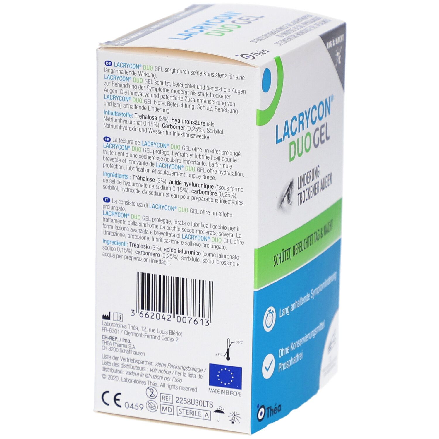 Dos de la boîte de LACRYCON DUO Gel. Texte en allemand. Contient des informations sur les ingrédients et le fabricant.