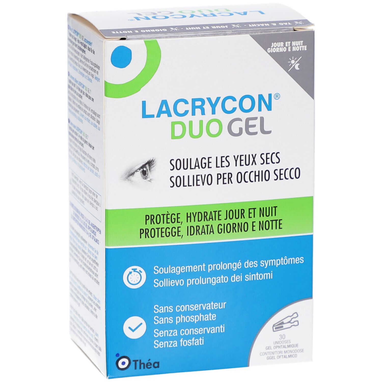 Face avant de la boîte de LACRYCON DUO Gel. Nom du produit, illustration d'un œil et texte en allemand, italien et français. 30 doses.