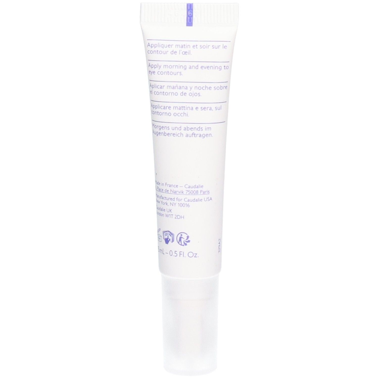 Dos du tube. Instructions en plusieurs langues. 0.5 Fl. Oz. Fabriqué en France.