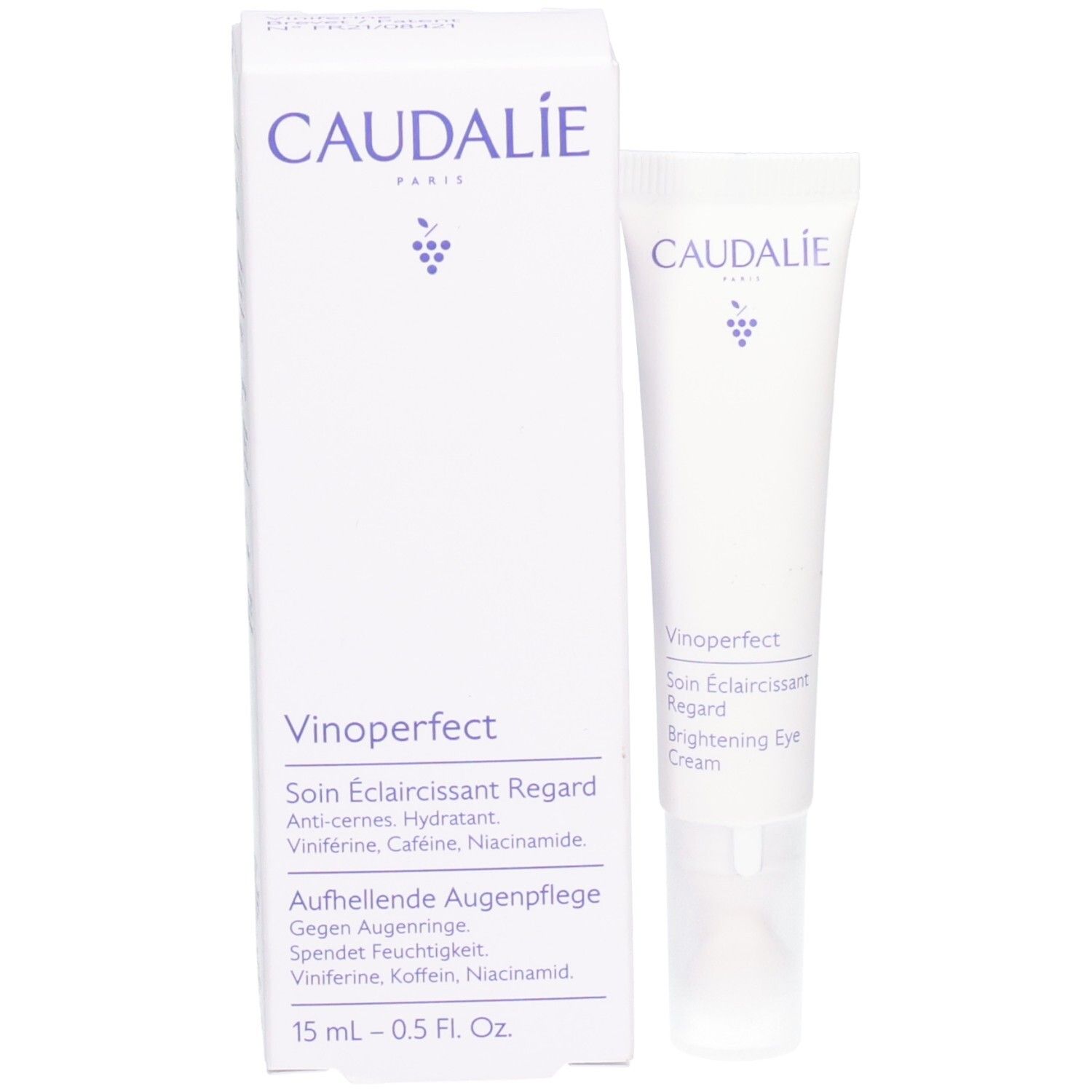 Boîte et tube blancs. Logo Caudalie et informations produit. Vinoperfect Augenpflege. 15 ml.