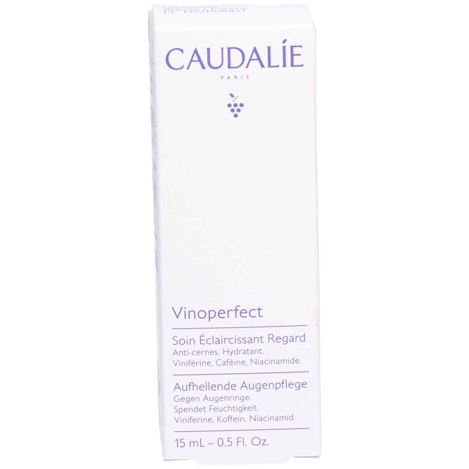 Boîte blanche Caudalie avec informations produit. Vinoperfect Augenpflege. Inscriptions en français. 15 ml.