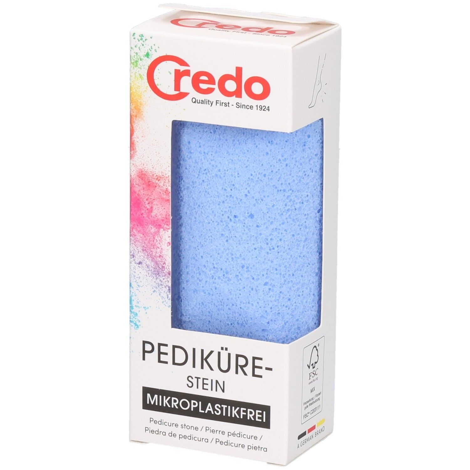 Blauer Pedikürestein in Verpackung. Marke Credo. Text: Mikrokunststofffrei, Pediküre-Stein, Eco Friendly, Recyclebar.