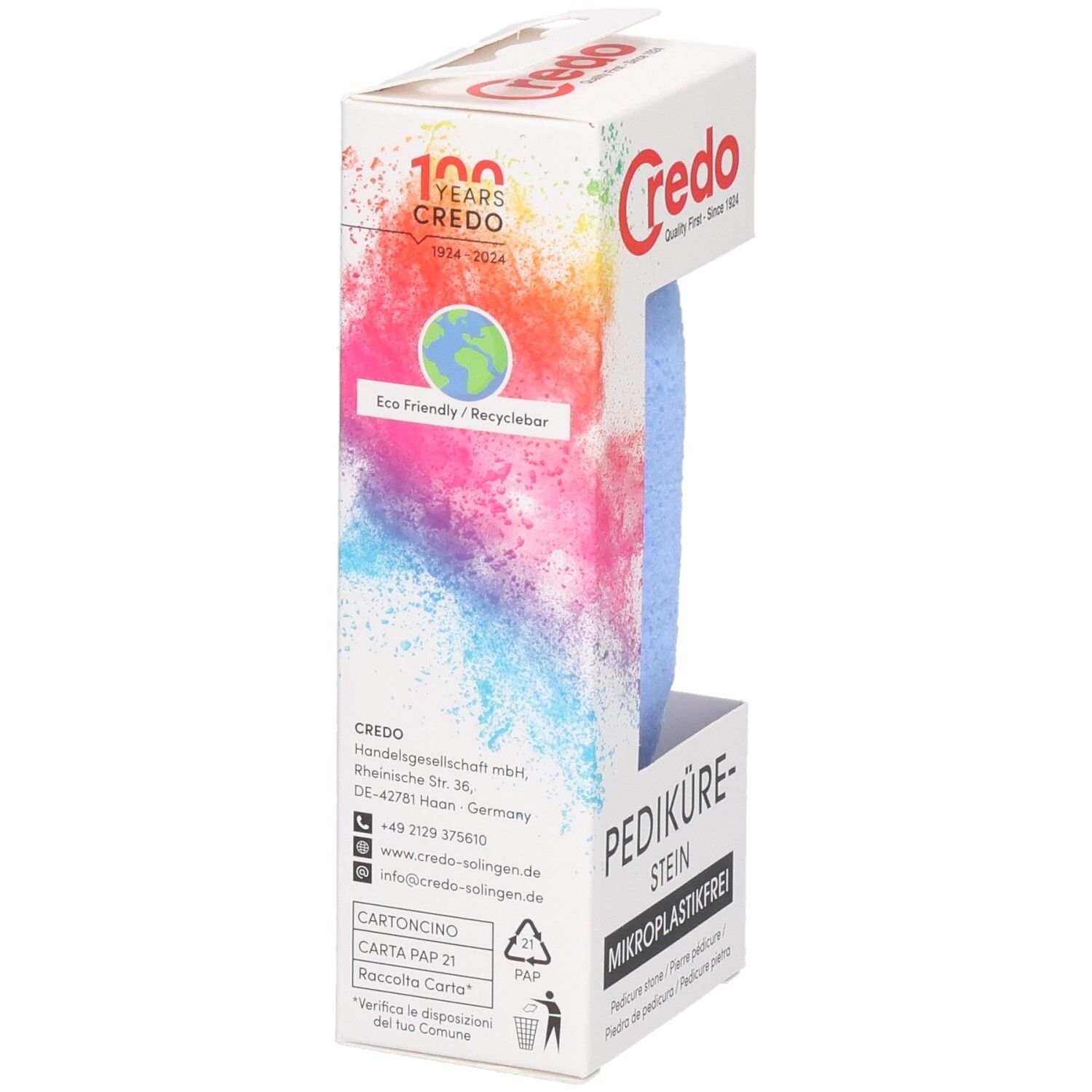 Verpackung mit blauem Pedikürestein. Marke Credo. Text: Mikrokunststofffrei, Pediküre-Stein, Eco Friendly, Recyclebar. FSC-Siegel.