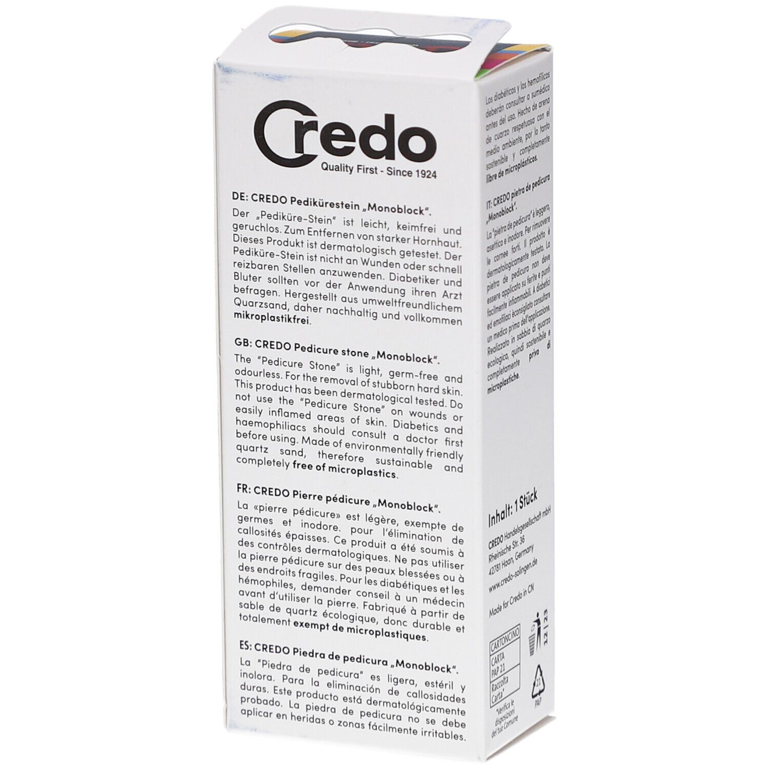Verpackung mit Text in mehreren Sprachen. Marke Credo. Text: Pedikürestein, Monoblock, Mikrokunststofffrei. FSC-Siegel.