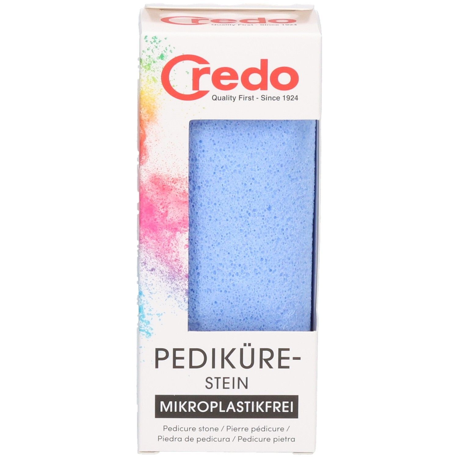 Blauer Pedikürestein in Verpackung. Marke Credo. Text: Mikrokunststofffrei, Pediküre-Stein, Eco Friendly, Recyclebar.