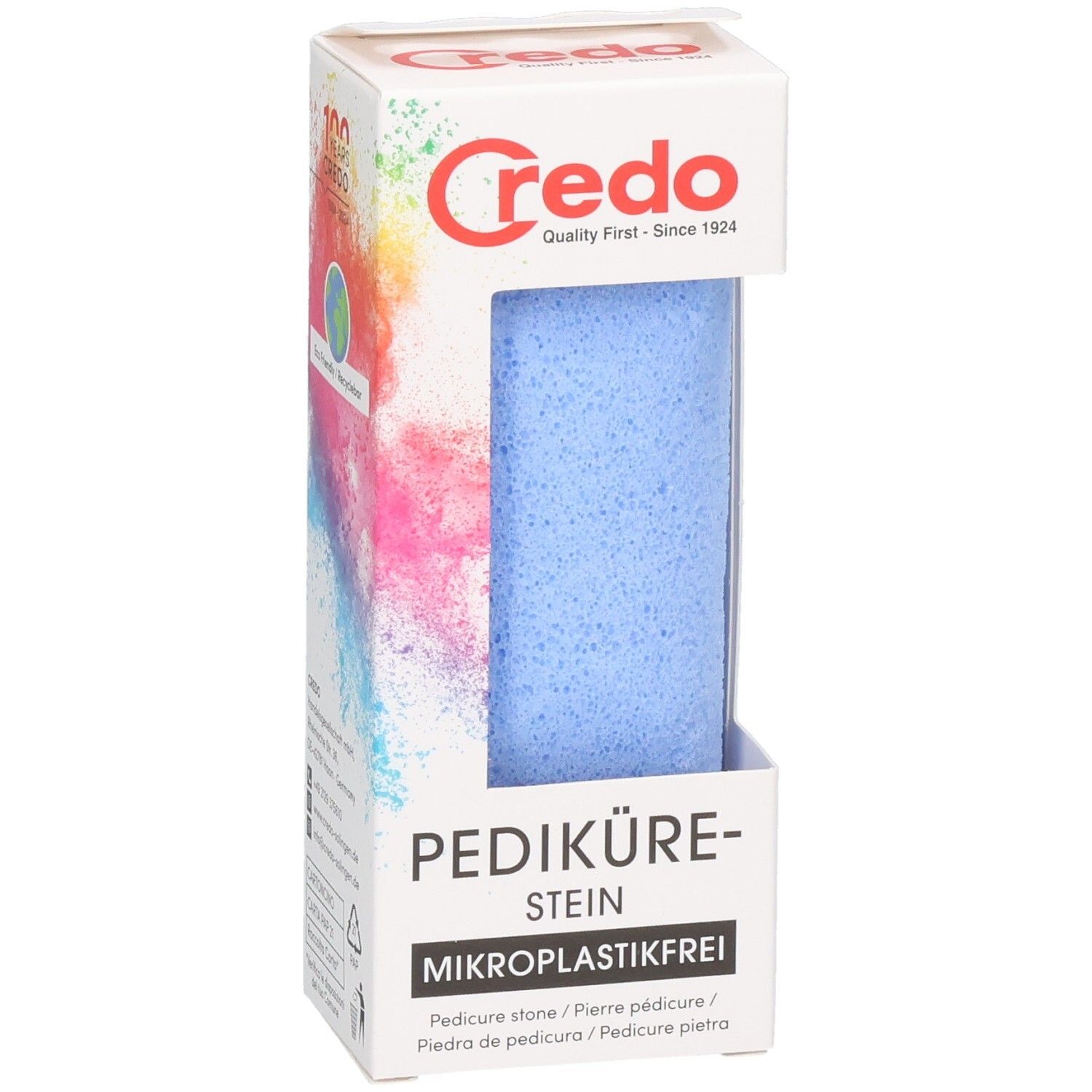 Blauer Pedikürestein in Verpackung. Marke Credo. Text: Mikrokunststofffrei, Pediküre-Stein, Eco Friendly, Recyclebar.
