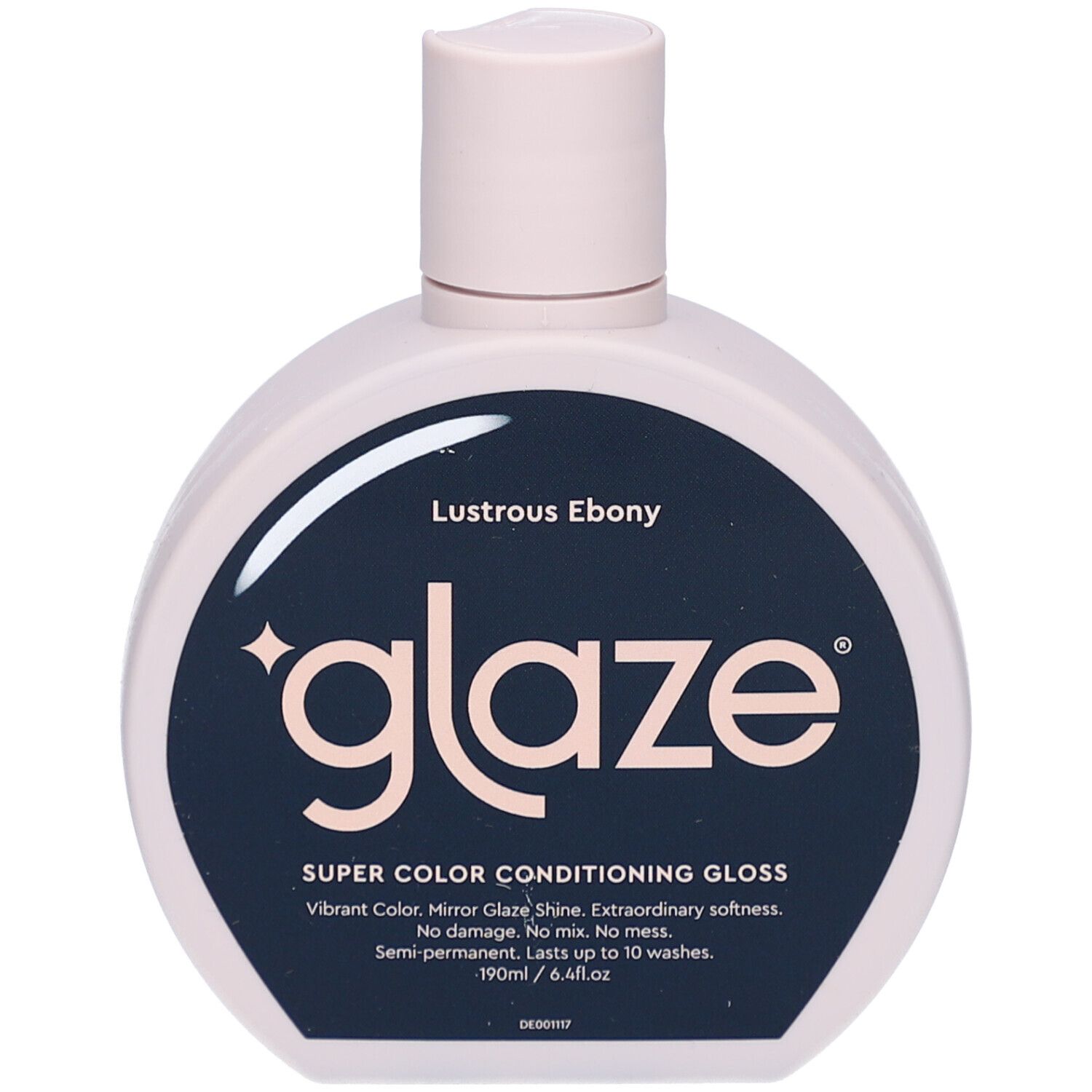 Runde Flasche mit rosa Verschluss. Schwarzes Etikett mit weißem Schriftzug 'glaze' und Produktinformationen. 'Lustrous Ebony' und 'SUPER COLOR CONDITIONING GLOSS'.