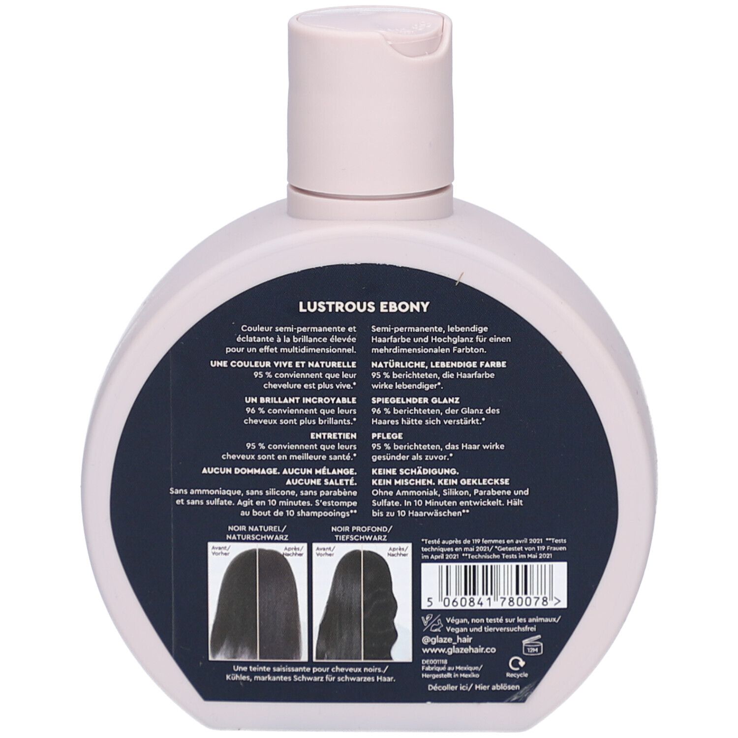 Runde Flasche, rosa Verschluss. Rückseite mit Text und Produktinformationen. 'Lustrous Ebony'. Zwei Abbildungen von Haaren. Barcode und Logos.