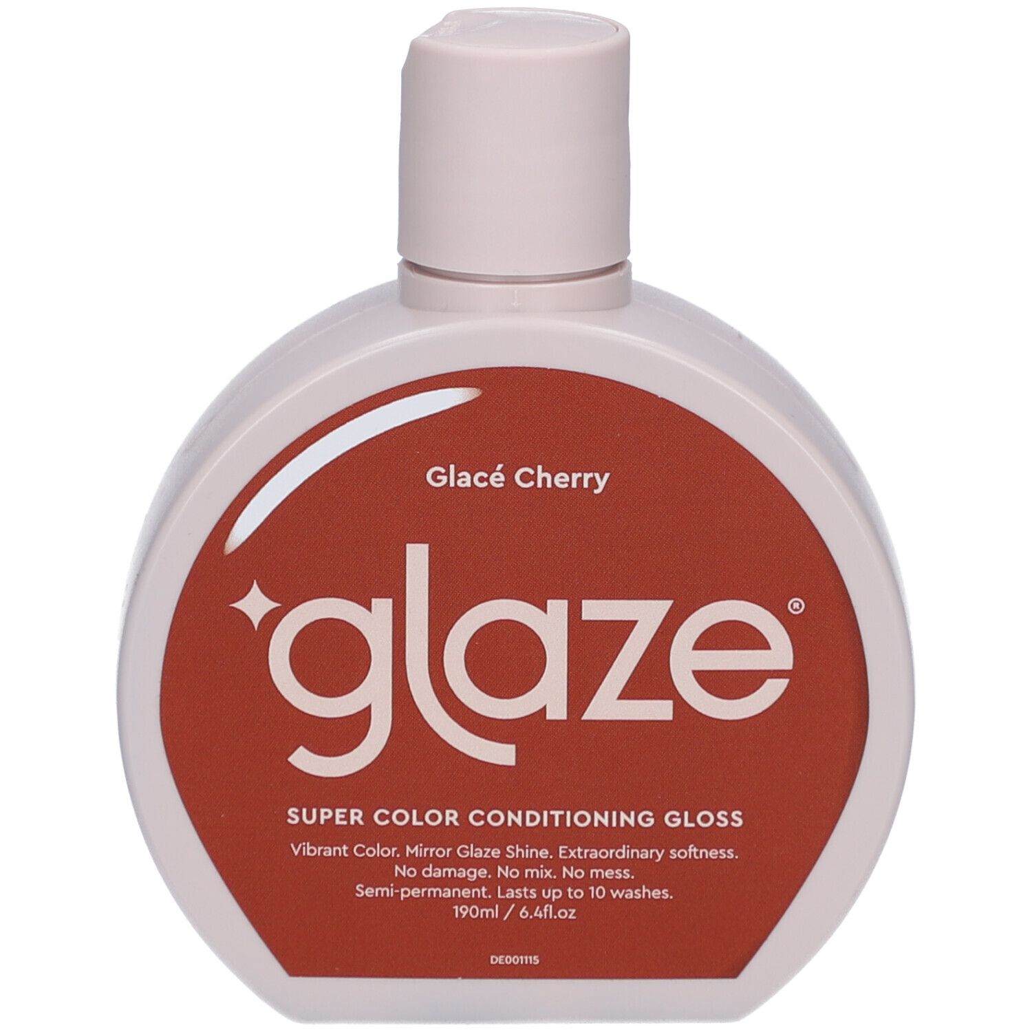 Runde Flasche mit rosafarbenem Verschluss. Roter Aufkleber mit weißem Schriftzug 'glaze' und 'Glacé Cherry'.
