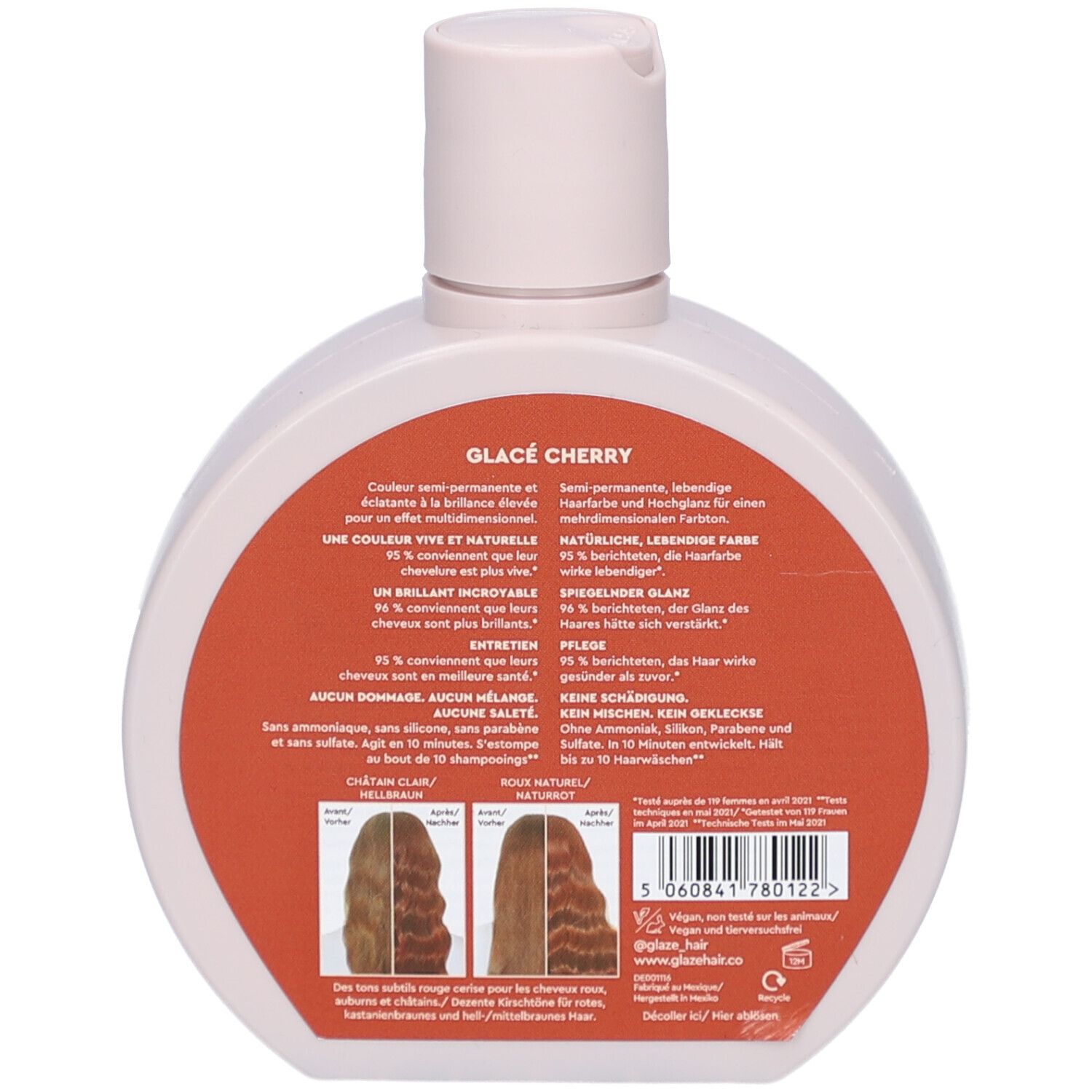 Rückseite der Flasche. Roter Aufkleber mit Text in mehreren Sprachen. Zwei Haarabbildungen. Barcode.