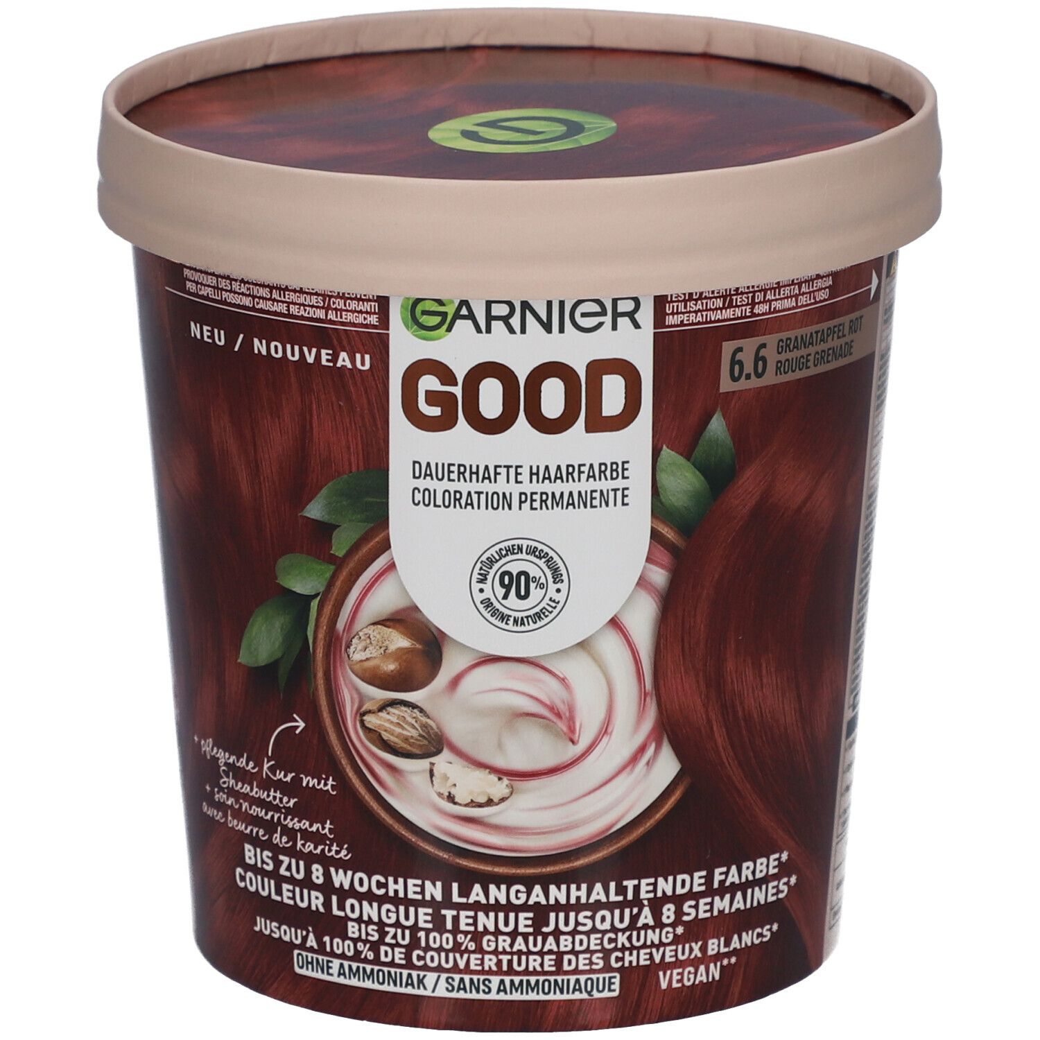 Coloration permanente Garnier Good. Pot avec design rouge grenade. Texte: Couleur longue tenue, 6.6, jusqu'à 8 semaines, 100% couverture.