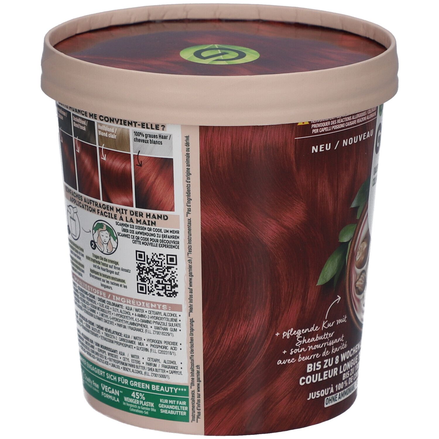 Coloration Garnier Good. Pot avec design rouge grenade. Dos avec exemples d'application et ingrédients. Vegan.