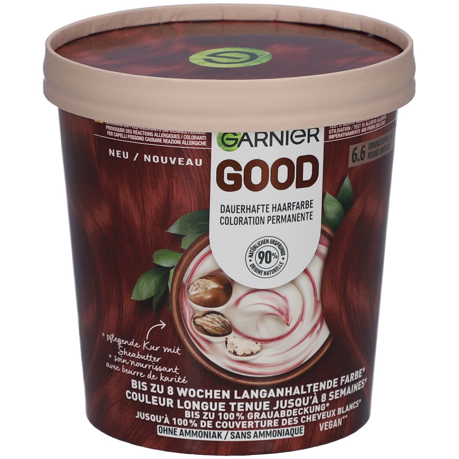 Coloration permanente Garnier Good. Pot avec design rouge grenade. Texte: Couleur longue tenue, 6.6, jusqu'à 8 semaines, 100% couverture.