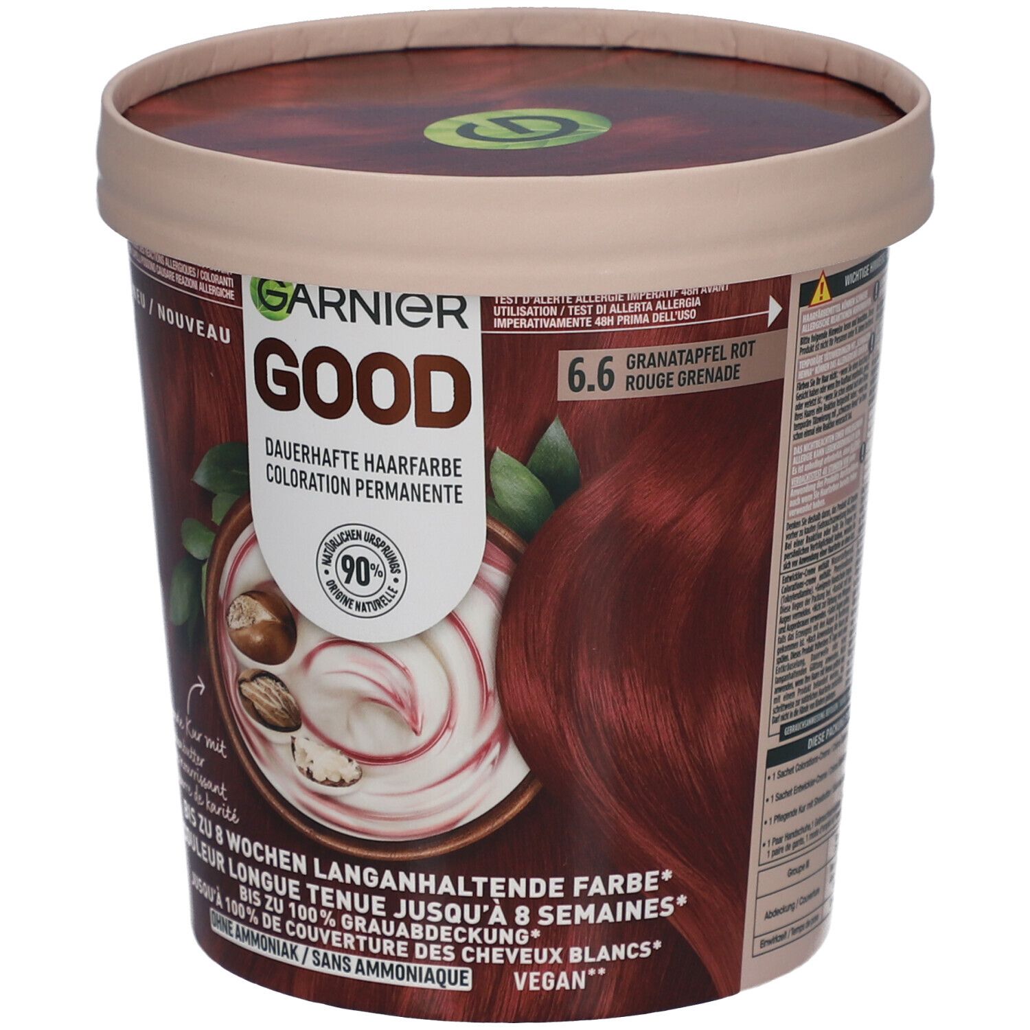Coloration Garnier Good. Pot avec design rouge grenade. Texte: Couleur longue tenue, 6.6, jusqu'à 8 semaines, 100% couverture.