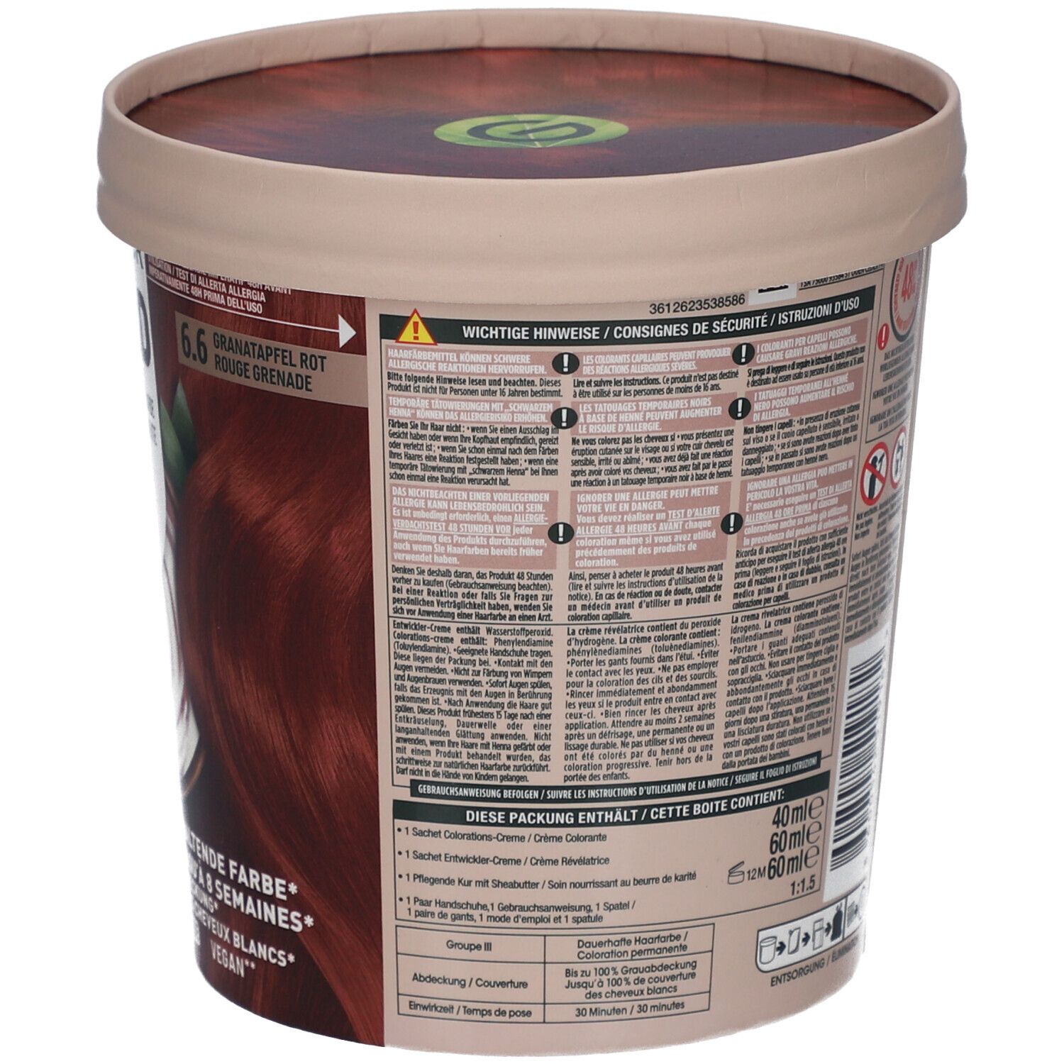 Coloration Garnier Good. Pot avec design rouge grenade. Dos avec avertissements et informations sur les ingrédients. Vegan.