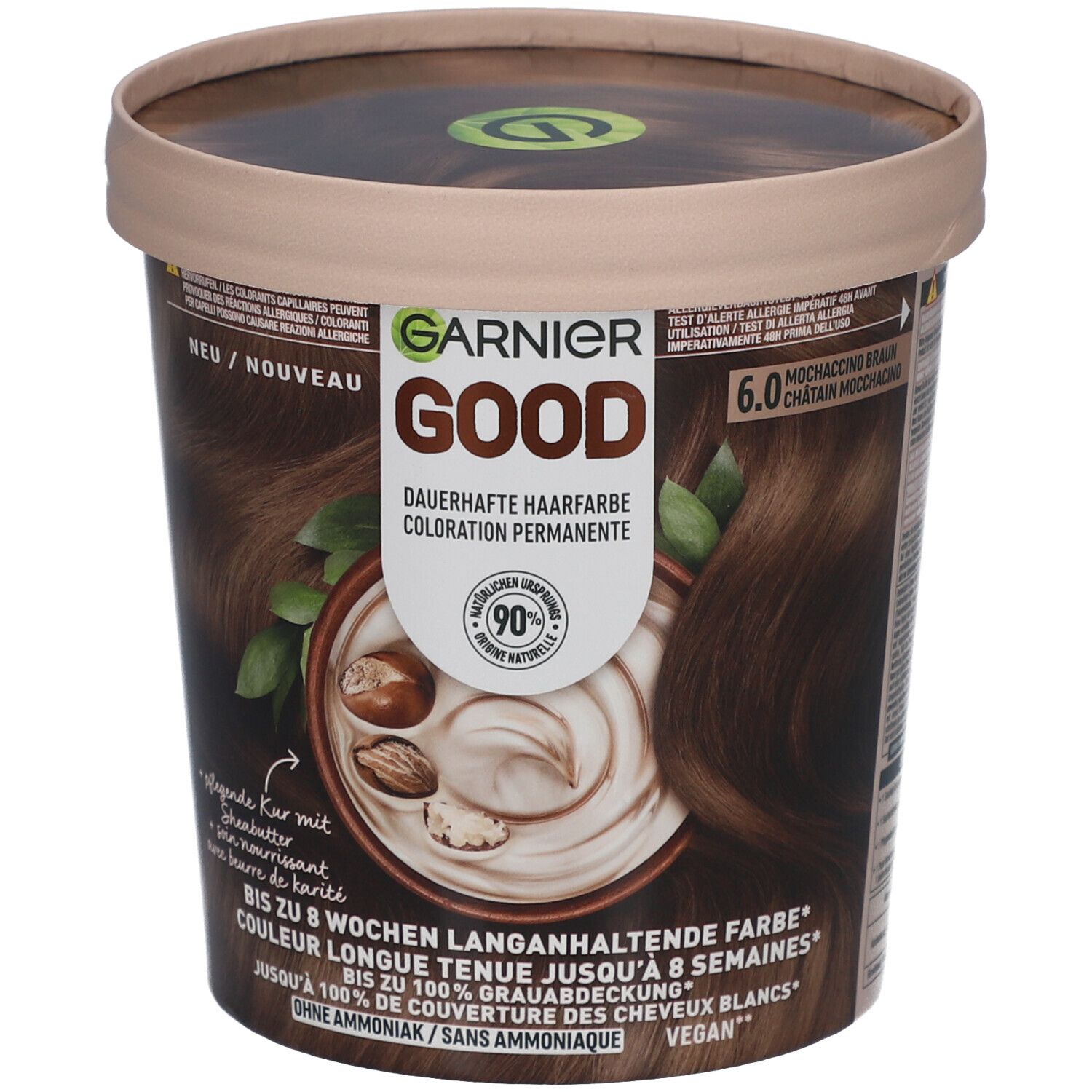 Garnier Good Haarfarbe, 6.0 Moccaccino Braun. Dose mit Produktabbildung, Inhaltsstoffen und Markenlogo.