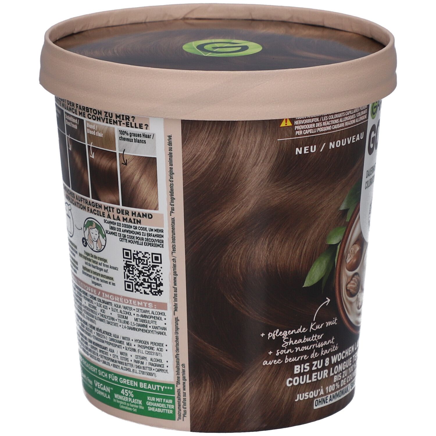 Garnier Good Haarfarbe, Rückseite der Dose. Enthält Informationen zu Inhaltsstoffen, Anwendung und Farbergebnissen.