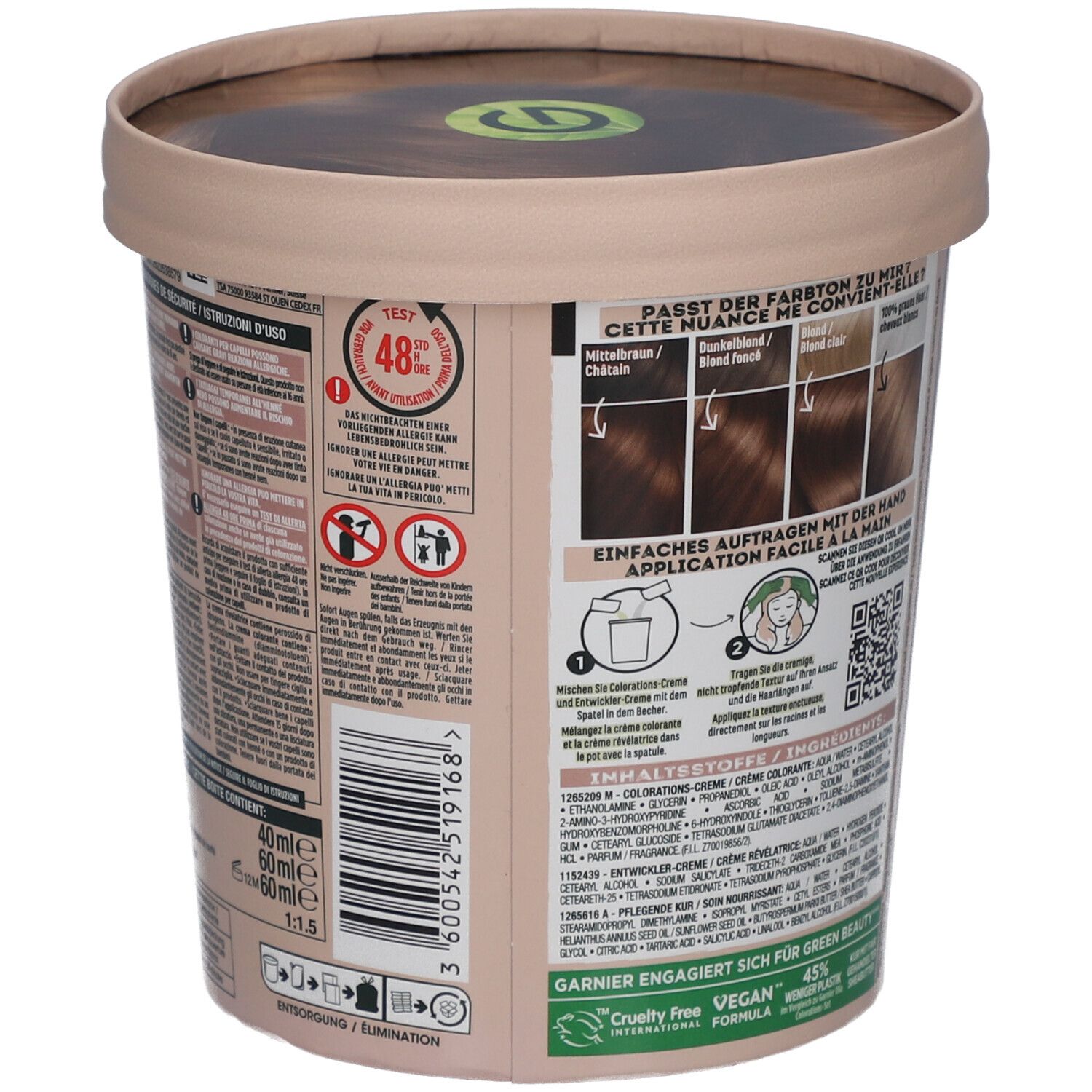 Garnier Good Haarfarbe, Dose mit Anwendungsanleitung und Farbergebnissen. Enthält Informationen zur Anwendung.