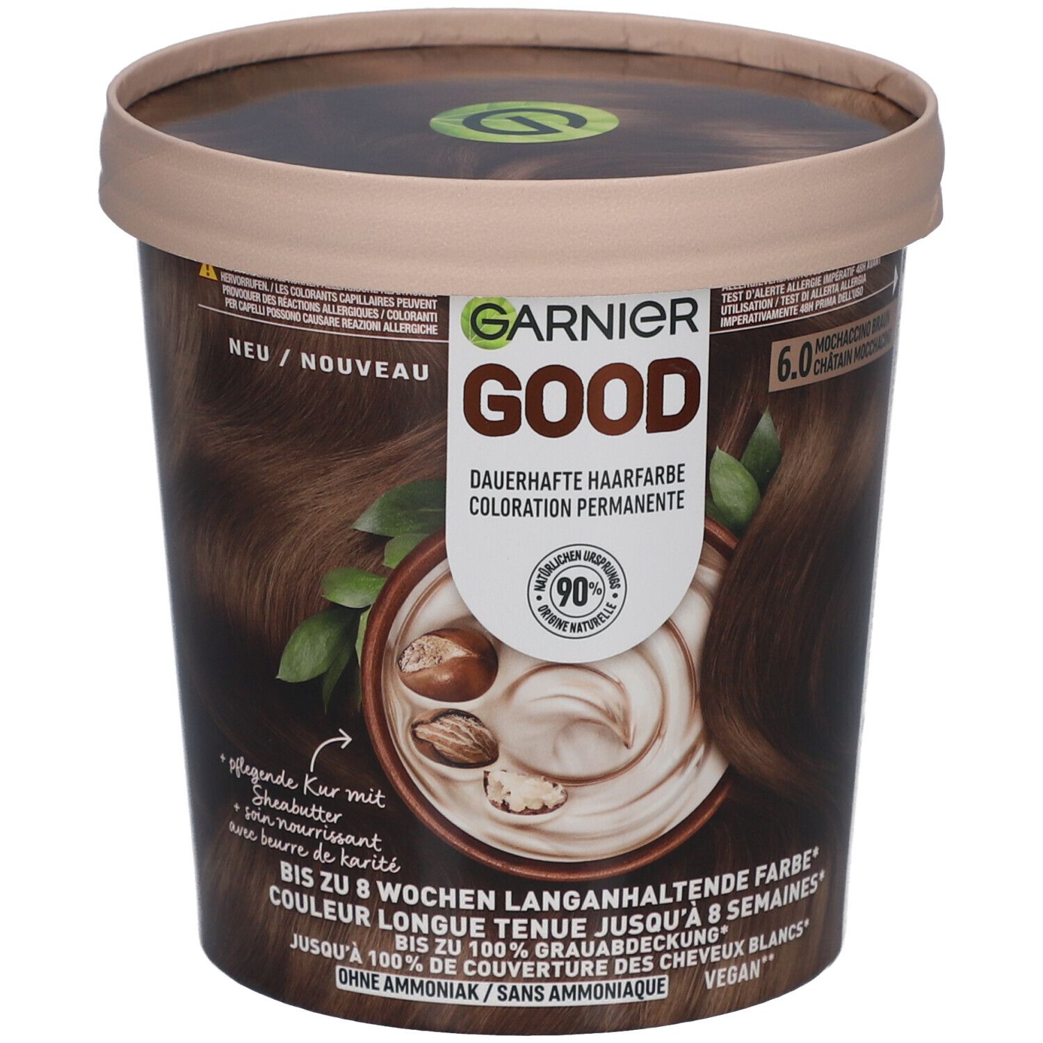 Garnier Good Haarfarbe, 6.0 Moccaccino Braun. Dose mit Produktabbildung, Inhaltsstoffen und Markenlogo.
