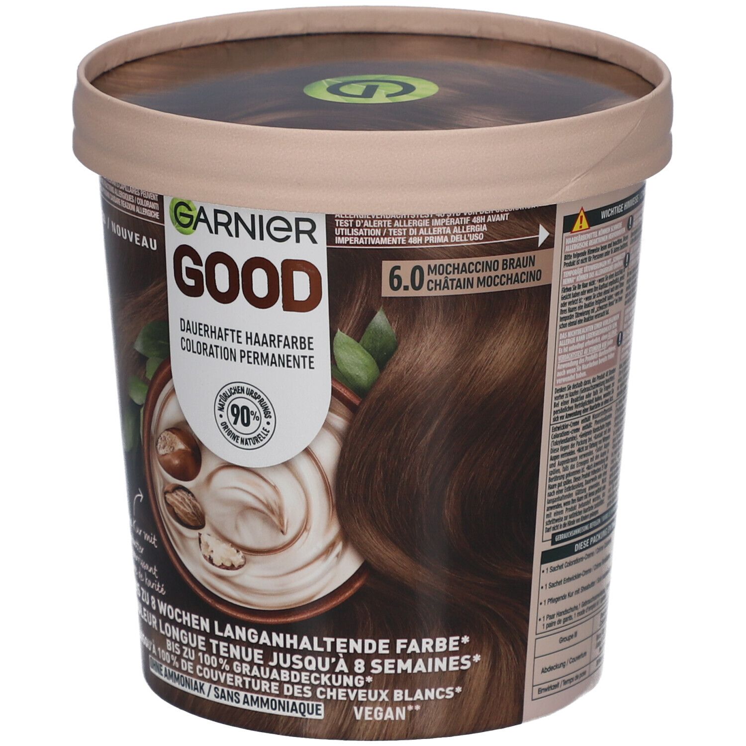 Garnier Good Haarfarbe, 6.0 Moccaccino Braun. Dose mit Produktabbildung, Inhaltsstoffen und Markenlogo.
