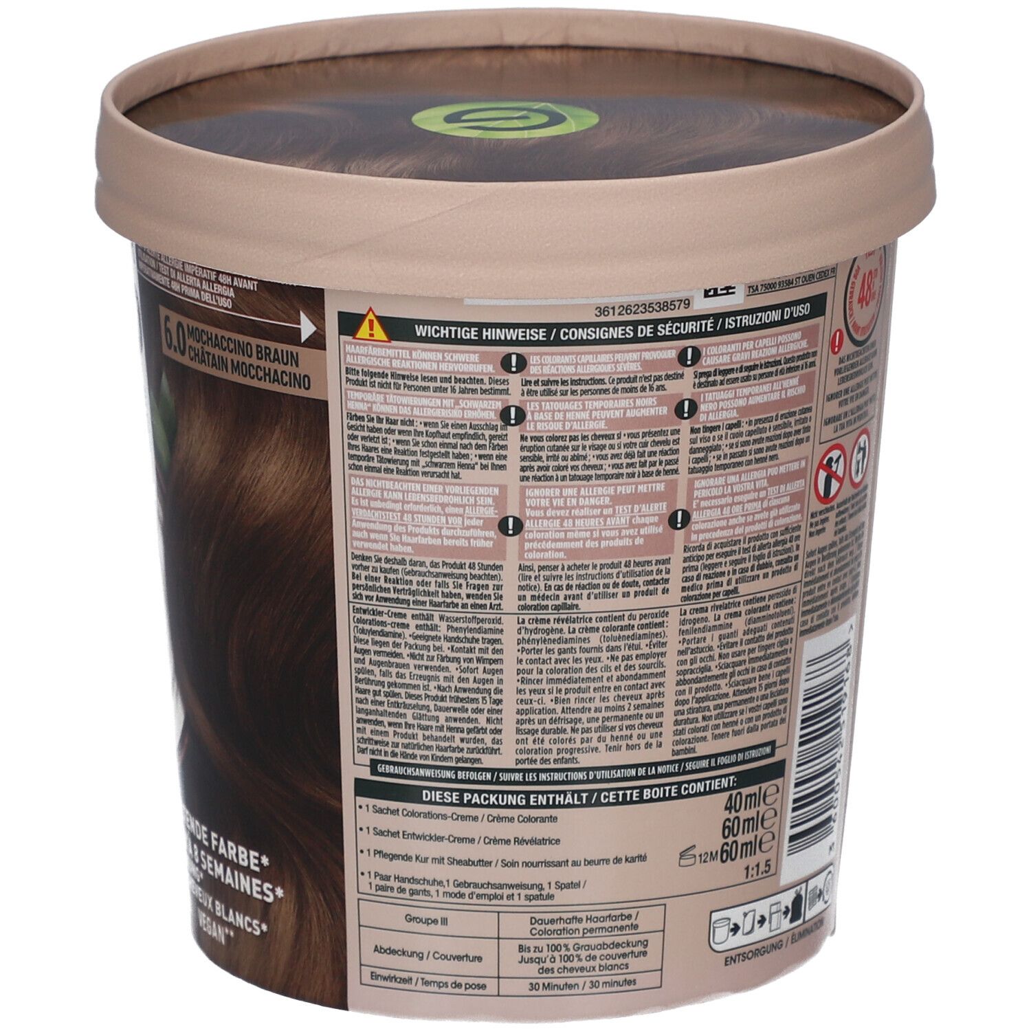 Garnier Good Haarfarbe, Rückseite der Dose. Enthält Informationen zu Inhaltsstoffen, Anwendung und Farbergebnissen.