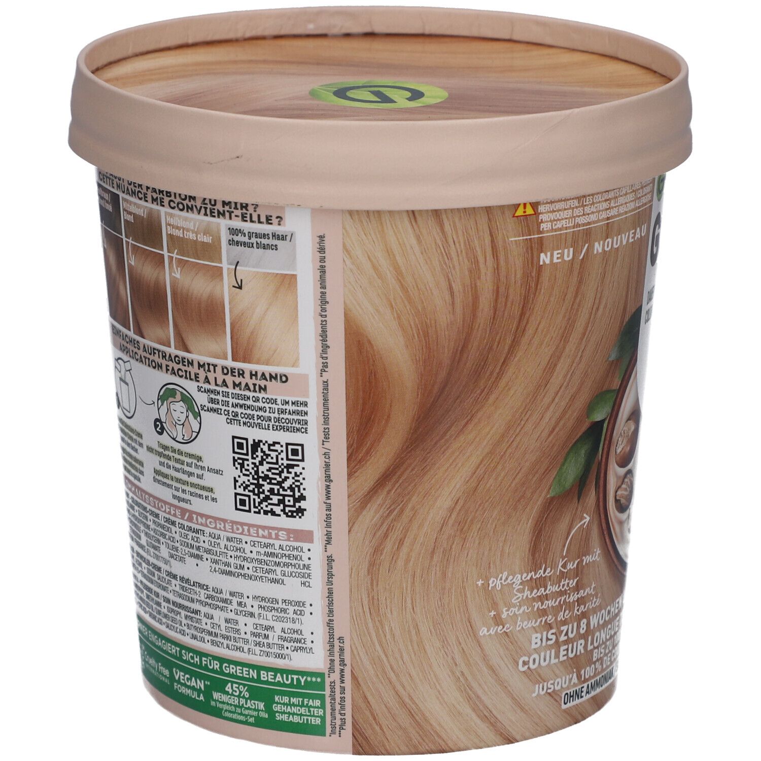 Dos de l'emballage de la coloration Garnier GOOD. Contient des informations sur l'utilisation et les ingrédients. Vegan.