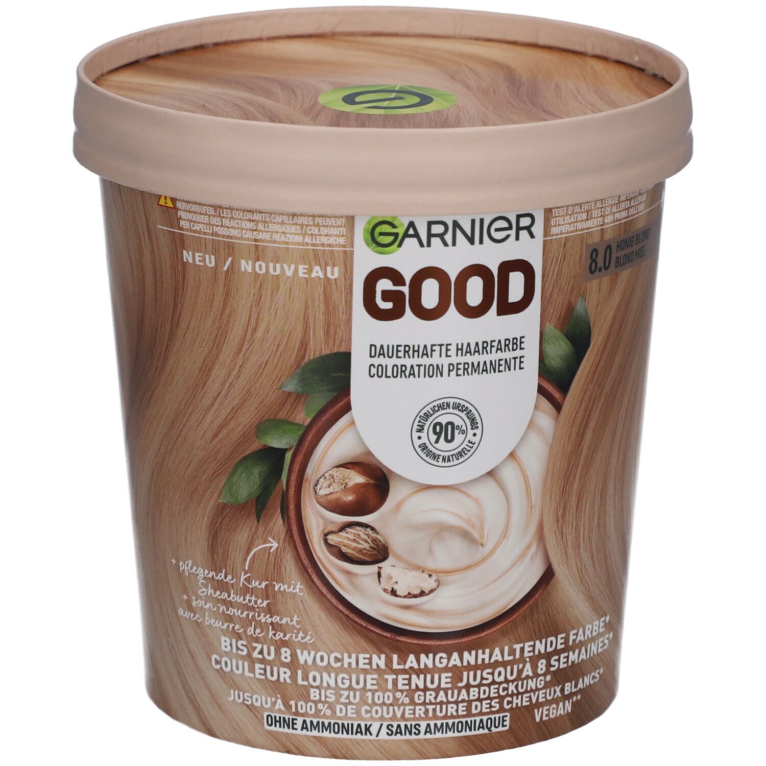 Coloration permanente Garnier GOOD 8.0 Blond miel. Emballage rond avec image du produit et logo de la marque. Vegan.